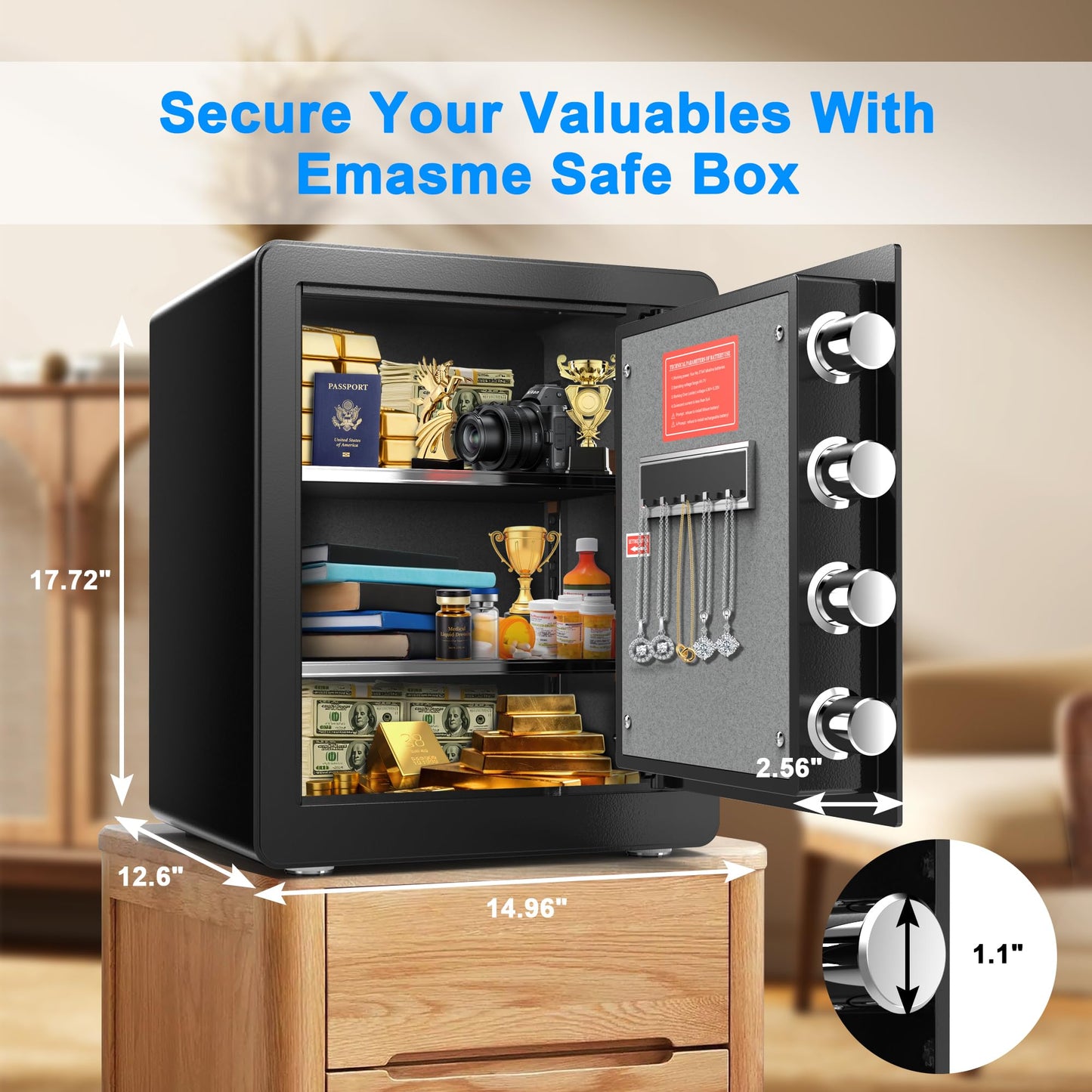 Safe Box, Fingerprint Safe with Fireproof &Waterproof Bag Money Safety Box for Cash Documents Small Safes for Home with Digital Biometric Keypad & Removable Shelf (2.0 Cubic Feet Biometric)