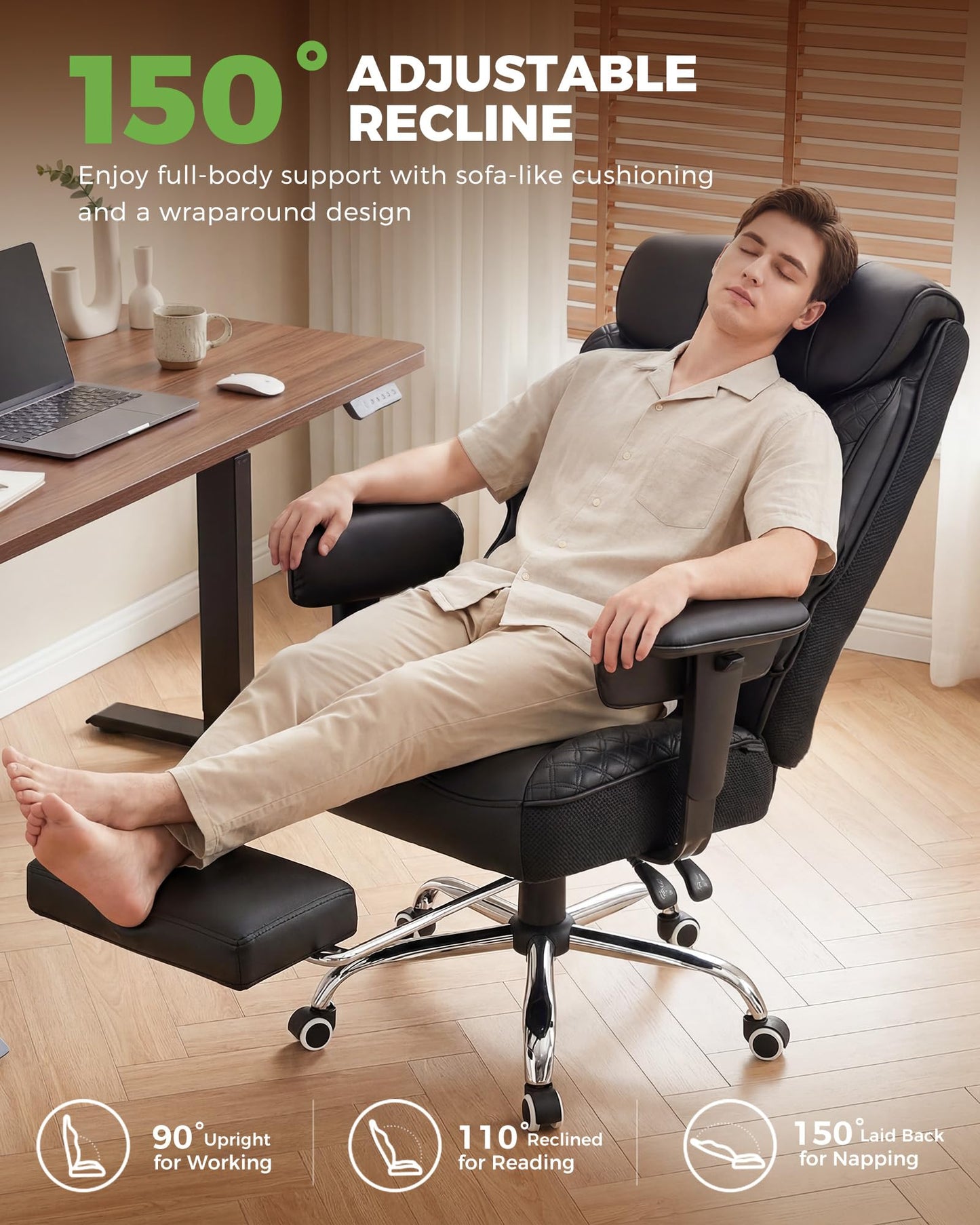 GTPLAYER Big and Tall Office Chair High Back Computer Gaming Chair with Ergonomic Lumbar Support &Pocket Spring Cushion for Lower Back Pain Relief, Leather Executive Chair with Foot Rest, Black