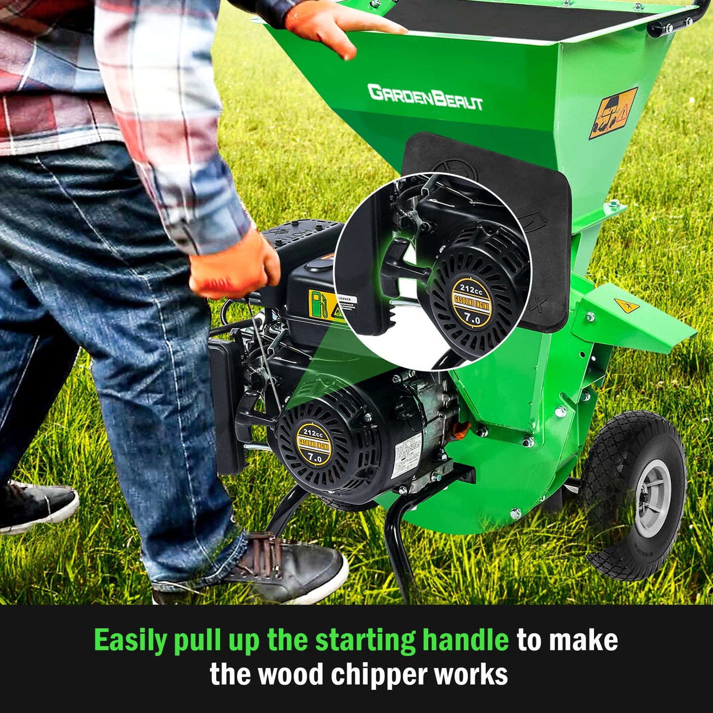 GARDENBEAUT 3 in 1 Wood Chipper Shredder Mulcher MF30, 7HP 212cc Heavy Duty Gas Powered, Max 3" Diameter Capacity for Wood, Limb, Leaves with Two Hoppers,4 Y-Hammers, Included Debris Bag