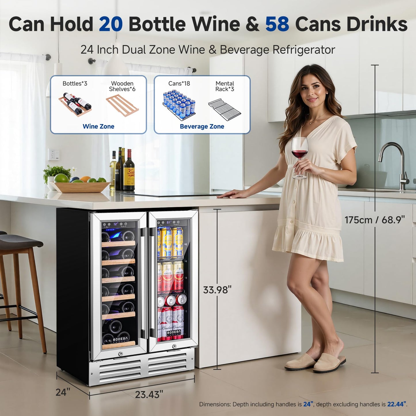 BODEGA COOLER Wine and Beverage Refrigerator, 24 Inch Dual Zone Wine Fridge, Holds 20 Bottles and 74 Count, French Doors, Under-counter or Freestanding Wine Cooler, Beverage Fridge with Tempered Glass