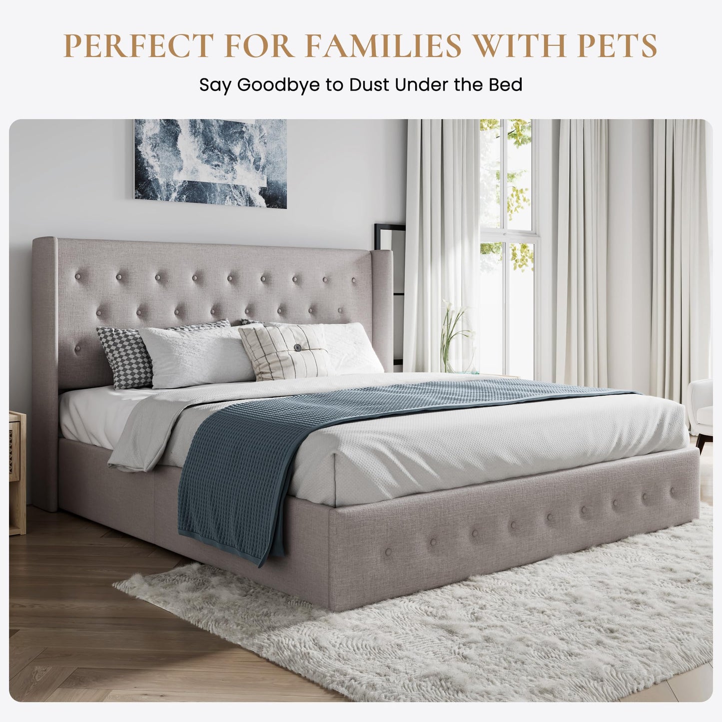 SHA CERLIN Queen Size Lift Up Storage Bed Frame,Button Tufted Wingback Headboard,Upholstered Platform,Hydraulic Storage,Wooden Slat Support,No Box Spring,Light Beige