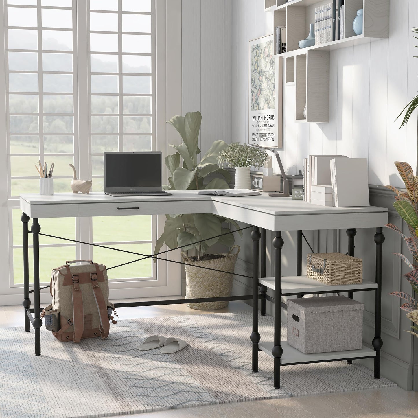 24/7 Shop at Home Monier Farmhouse Metal 2 Shelves Corner Computer Desk with USB Port, Power Outlet, 1 Drawer for Workstation, Home Office, Study Room, Antique White