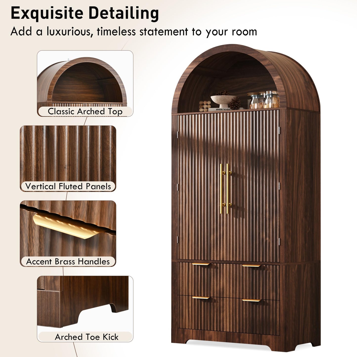 Merax 72" Tall Arched Kitchen Pantry Cabinet with 2 Drawers, Mid Century Modern Fluted Storage Cabinet with 3 Adjustable Shelves & 8 Door Shelves, Wooden Cupboard Organizer for Kitchens (Walnut)