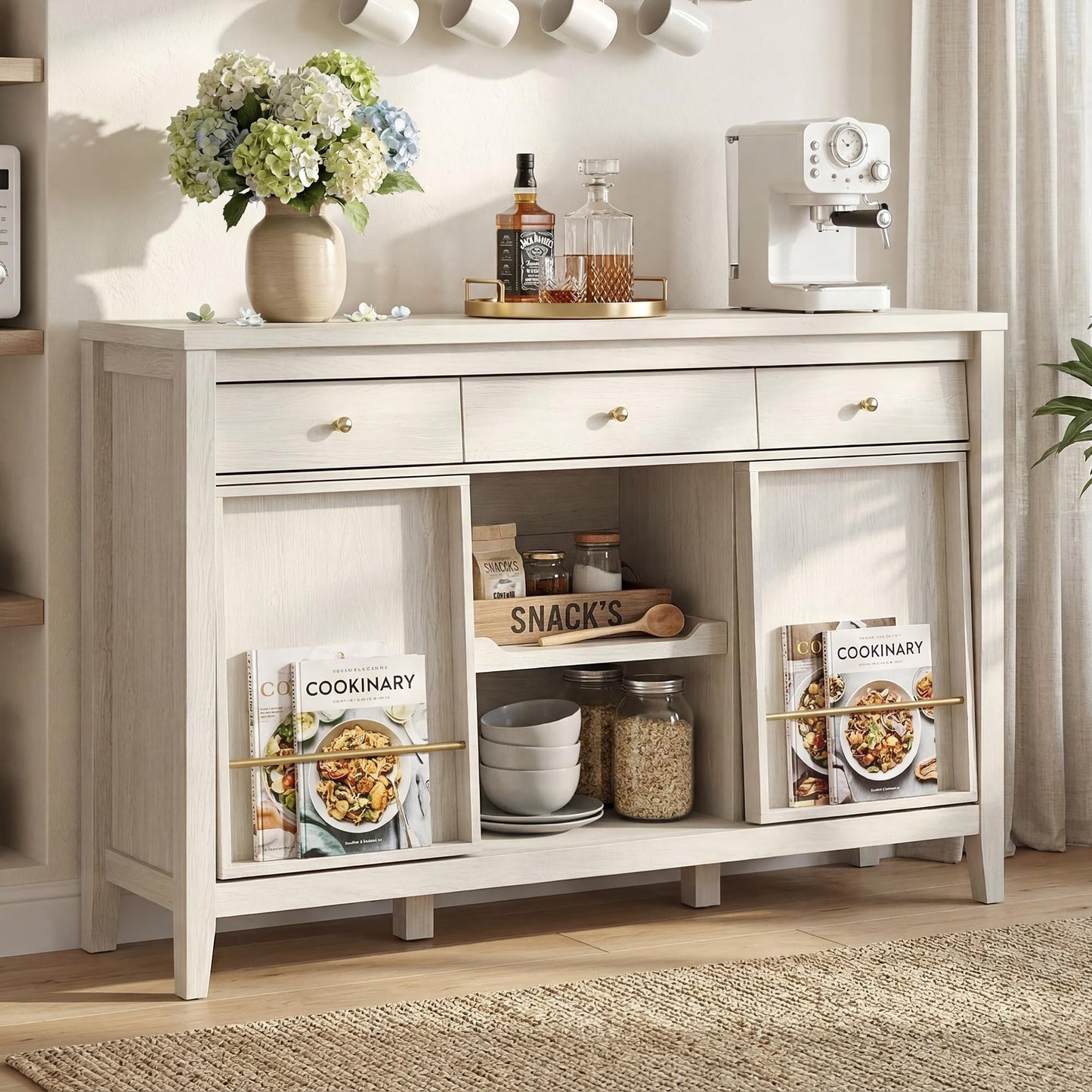 AMBERHAUS Buffet Cabinet with Storage, Modern Sideboard Cabinet with 3 Drawers, 2 Sliding Doors & Pull-Out Shelf, Coffee Bar Cabinet with Charging Station, White