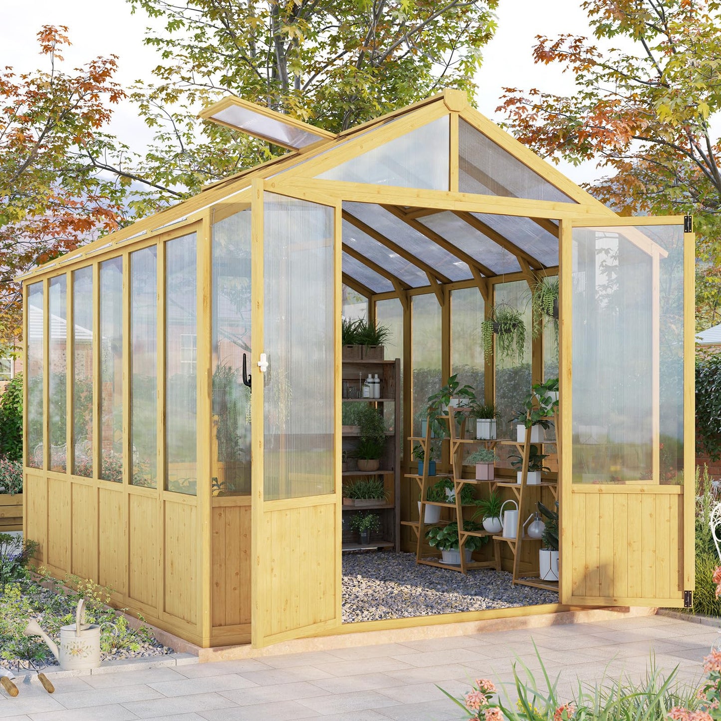 Jocisland 8x9.5x7.5 Ft Wooden Greenhouse, Pre-Assembled Solid Cedar Frame, Walk-in Design, Lockable Door, Adjustable Roof Vents, Polycarbonate Panels for Outdoor, Garden, Backyard