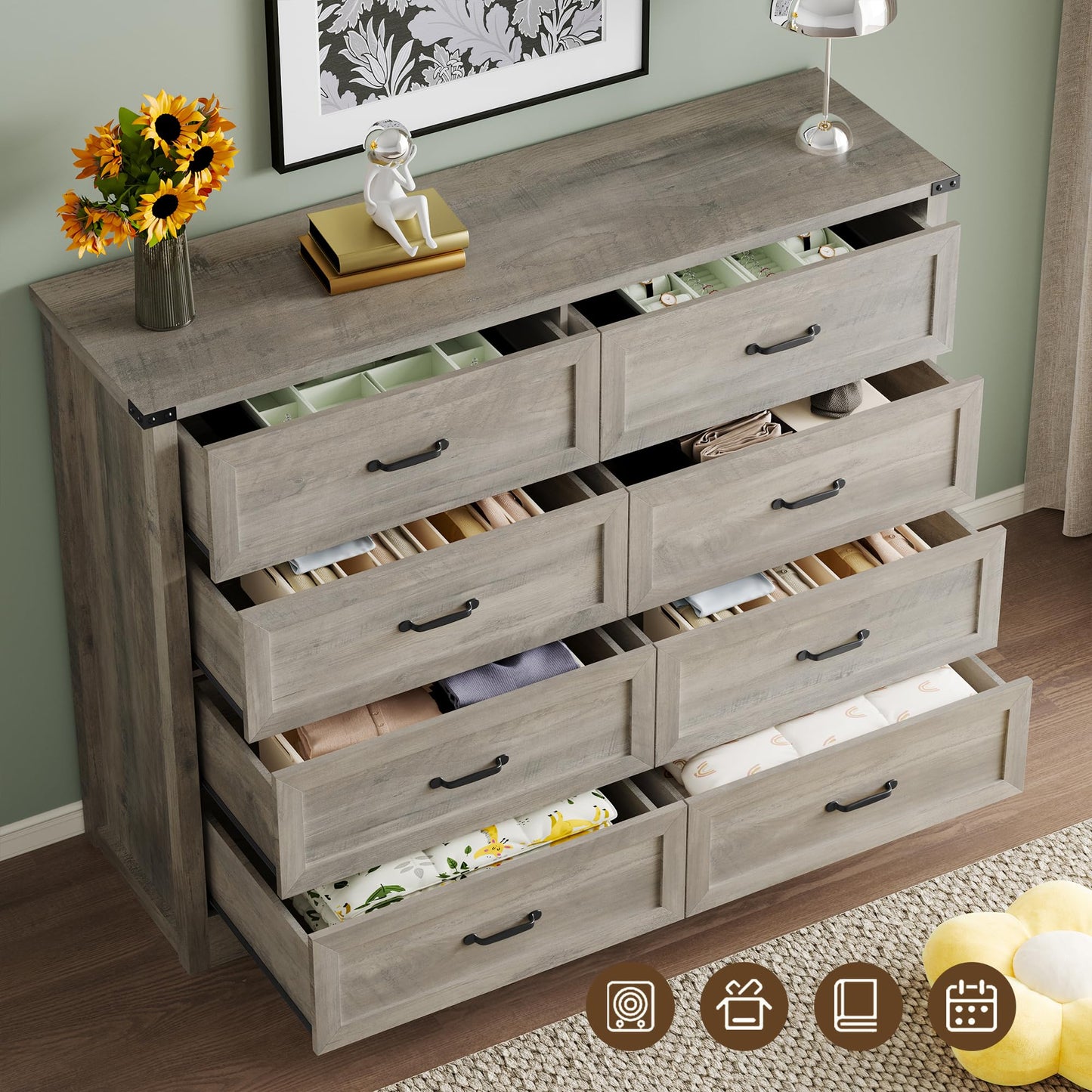 BORNOON 8-Drawer Dresser for Bedroom, Modern Wooden Chest of Drawers with Metal Handles, Anti-Tipping Design, Sturdy and Stable Storage Organizer for Living Room, Entryway, Home Office, Standard
