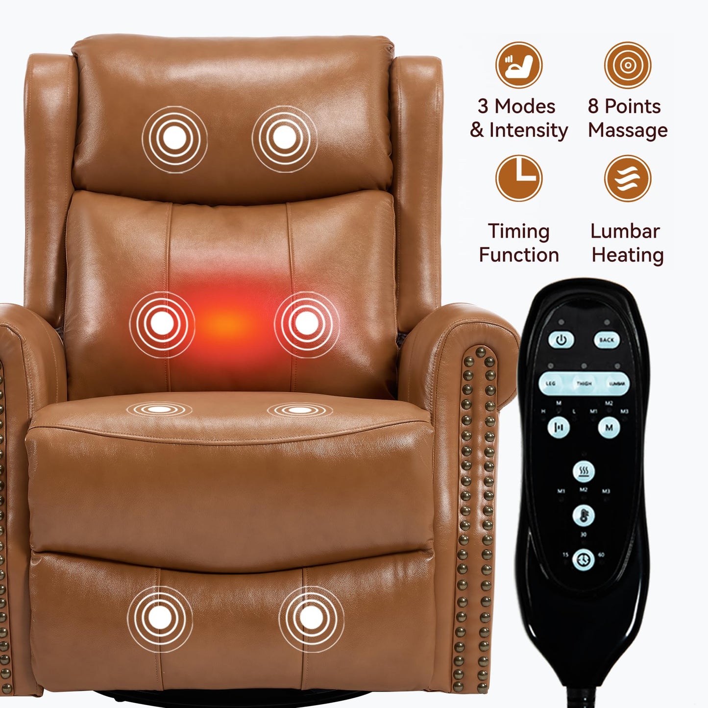 KEIKI Heat Massage Recliner Chair with Rocker & 360° Swivel, Manual Handle Reclining Lounge Chair with Lumbar Heat, Vibration Massage & Cushion Back for Living Room, Light Yellow