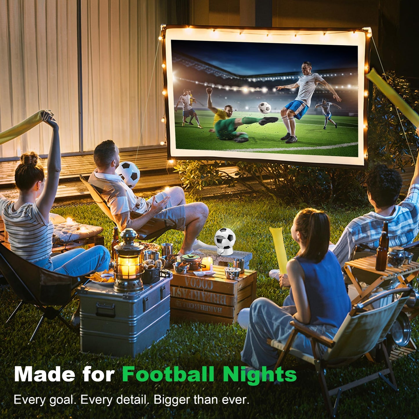 Soccer Fan's Ultimate Native 1080P Projector with Built-in Apps, Bluetooth Projector with Dual Bond Wi-Fi 6, 180° Rotatable Integrated stand, Gift for Big Soccer Match Supporters