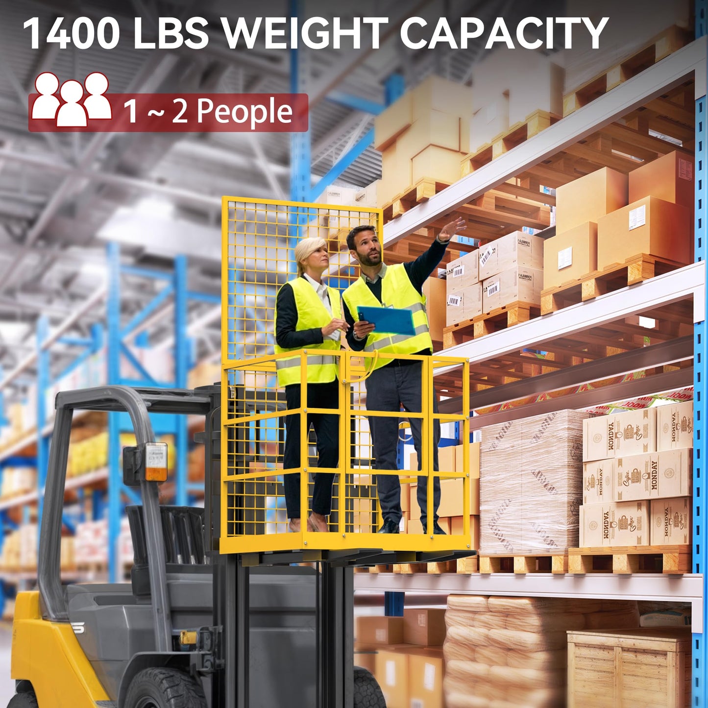 YITAMOTOR 43"x45" Forklift Safety Cage, 1400lbs Forklift Man Basket Work Platform with Safety Strap, Heavy Duty Collapsible Lift Cage for Most Aerial Jobs