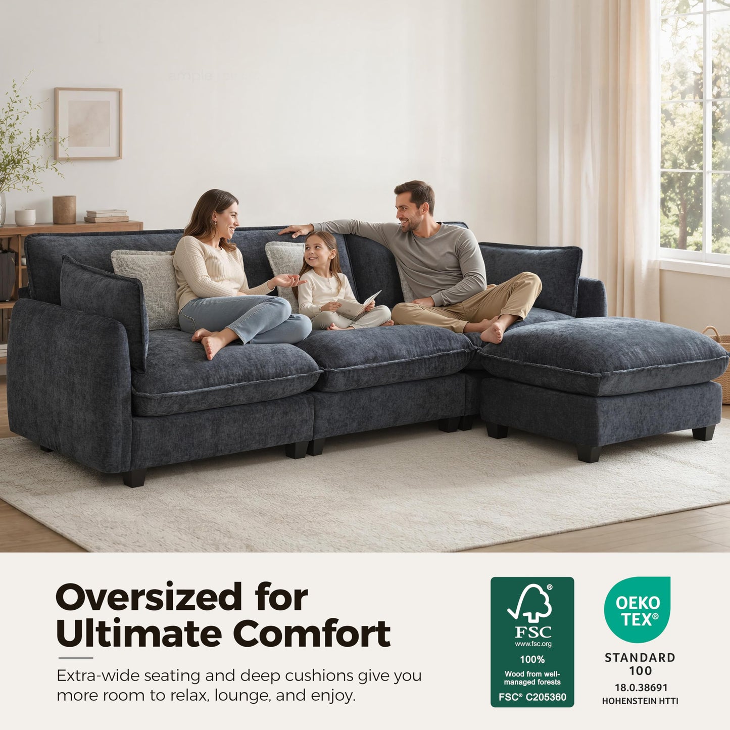 MCombo 117" Oversized Cloud Sectional Couch, Sectional Sofa with FSC Certified, L Shaped Couch with Ottoman for Living Room, Chenille S0701 (Black)