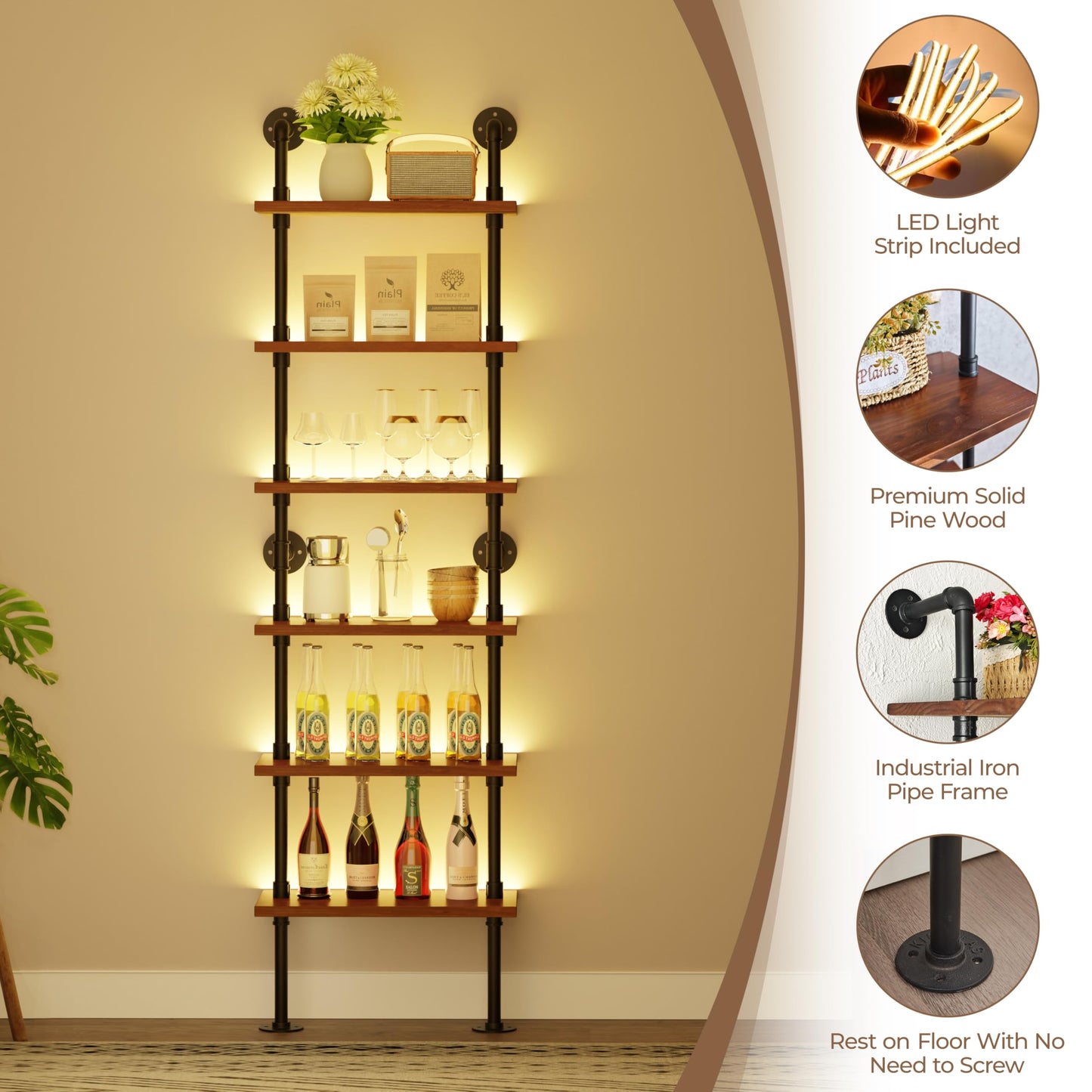 6-Tier LED Ladder Shelf, Wall Mounted Pipe Bookshelf, Walnut Brown 24 Inch