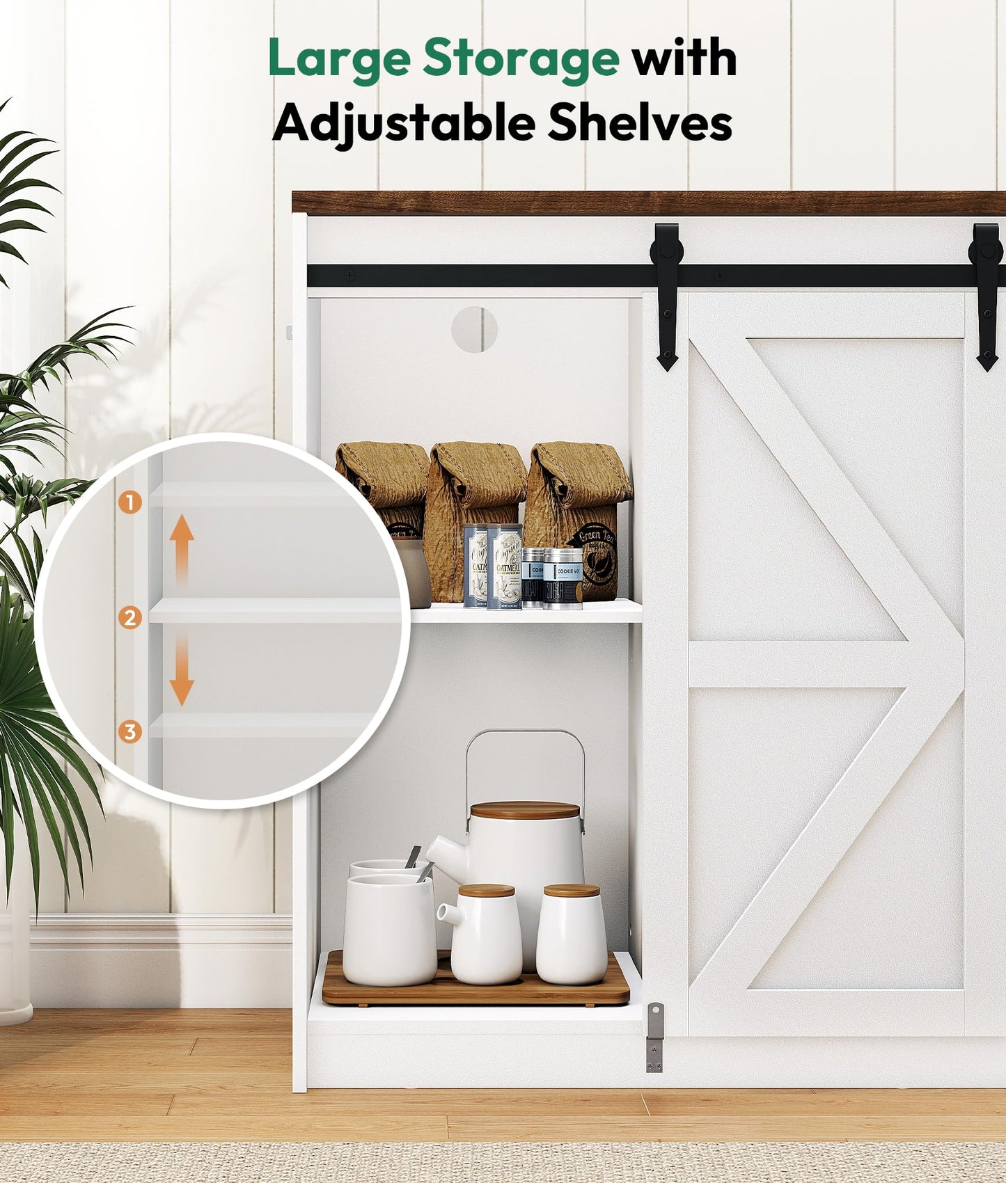 Lamtor Coffee Bar Cabinet with Storage - 53" Farmhouse Coffee Bar with Barn Doors, Mini Fridge Cabinet with Power Outlet for Kitchen Dining Room Living Room, White