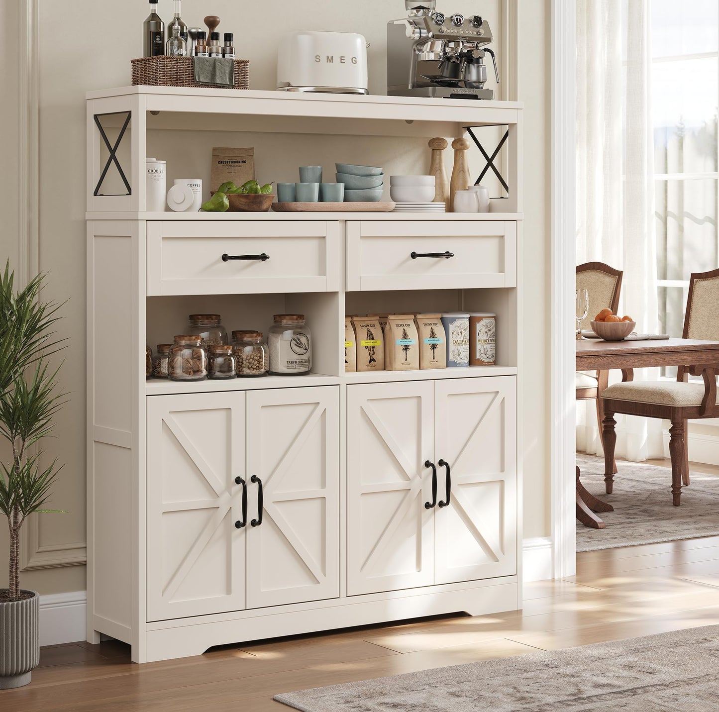kepptory Farmhouse Kitchen Coffee Bar Cabinet with 4 Barn Doors, Kitchen Sideboard Buffet Cabinet with Drawers, 47" Pantry with Adjustable Shelves for Kitchen and Dining Room(White)