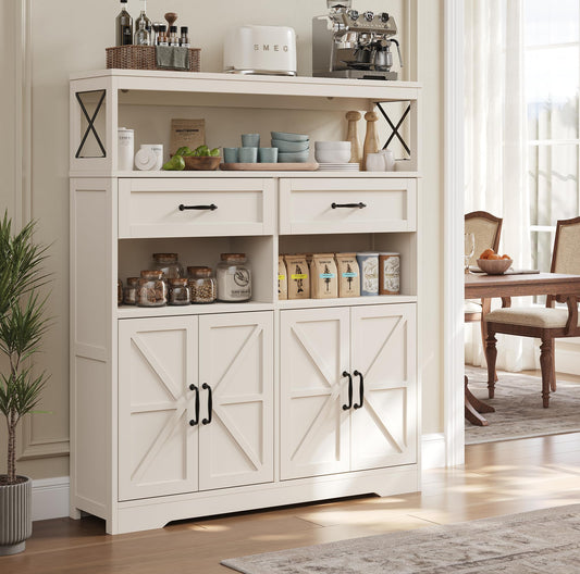 kepptory Farmhouse Kitchen Coffee Bar Cabinet with 4 Barn Doors, Kitchen Sideboard Buffet Cabinet with Drawers, 47" Pantry with Adjustable Shelves for Kitchen and Dining Room(White)
