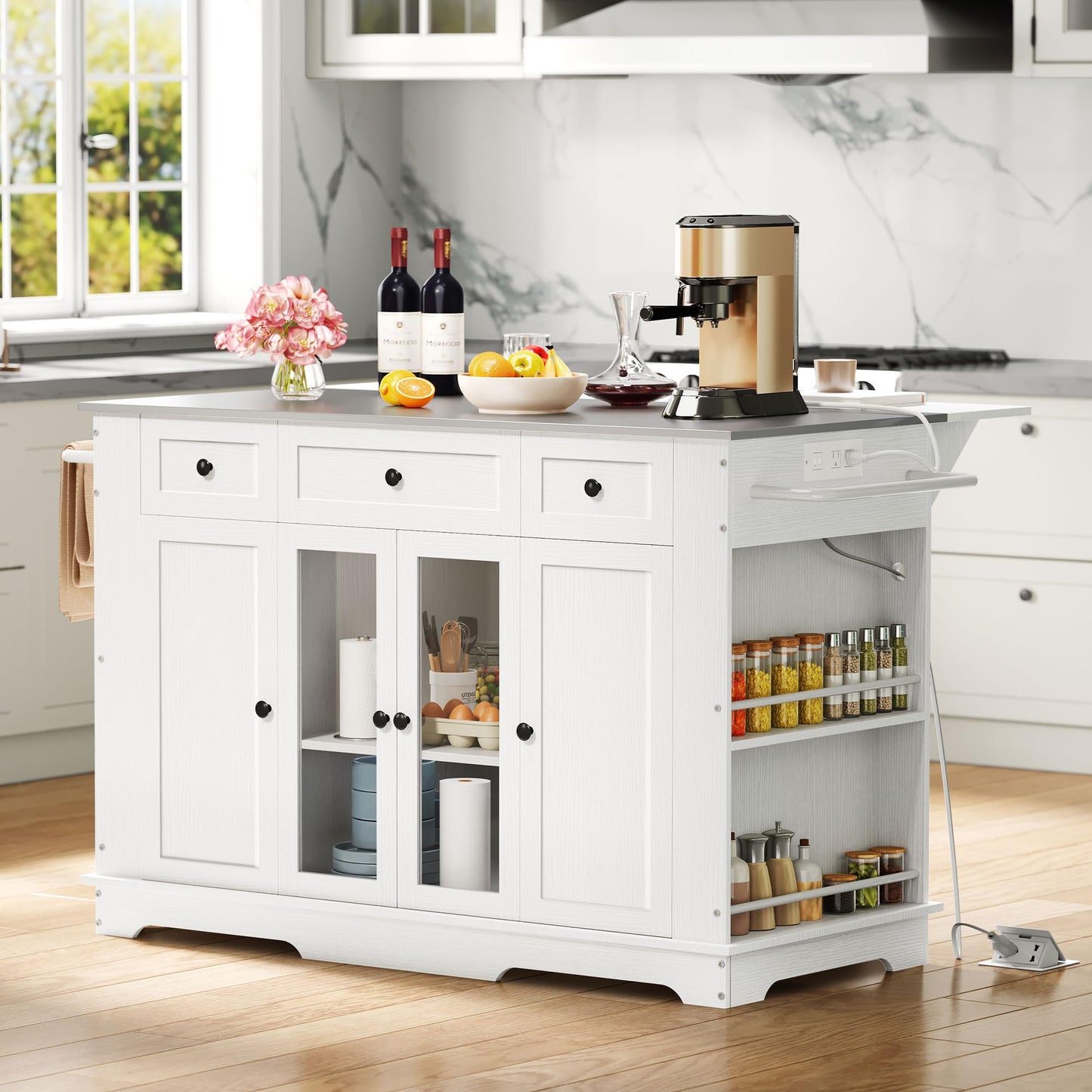DWVO Kitchen Island with Stainless Steel Top & Power Outlet, 60 Inch Kitchen Island on Wheels with Drop Leaf, Large Rolling Mobile Center Islands w Storage Drawer Cabinet Counter Metal Top, White