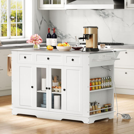 DWVO Kitchen Island with Stainless Steel Top & Power Outlet, 60 Inch Kitchen Island on Wheels with Drop Leaf, Large Rolling Mobile Center Islands w Storage Drawer Cabinet Counter Metal Top, White
