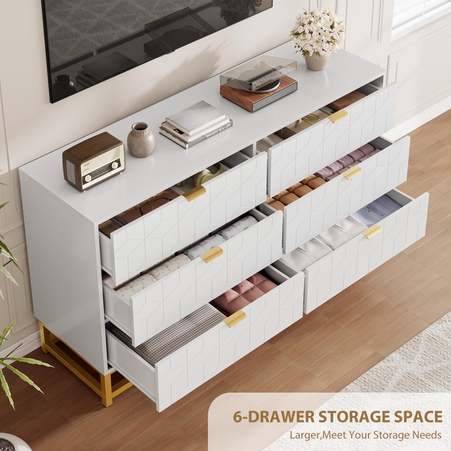 IDEALHOUSE White 6 Drawer Dresser for Bedroom, 53.5” Large Dresser with Metal Legs, Modern Chest Organizer with Wide Storage, Chest of Drawers for Bedroom, Living Room, Entryway