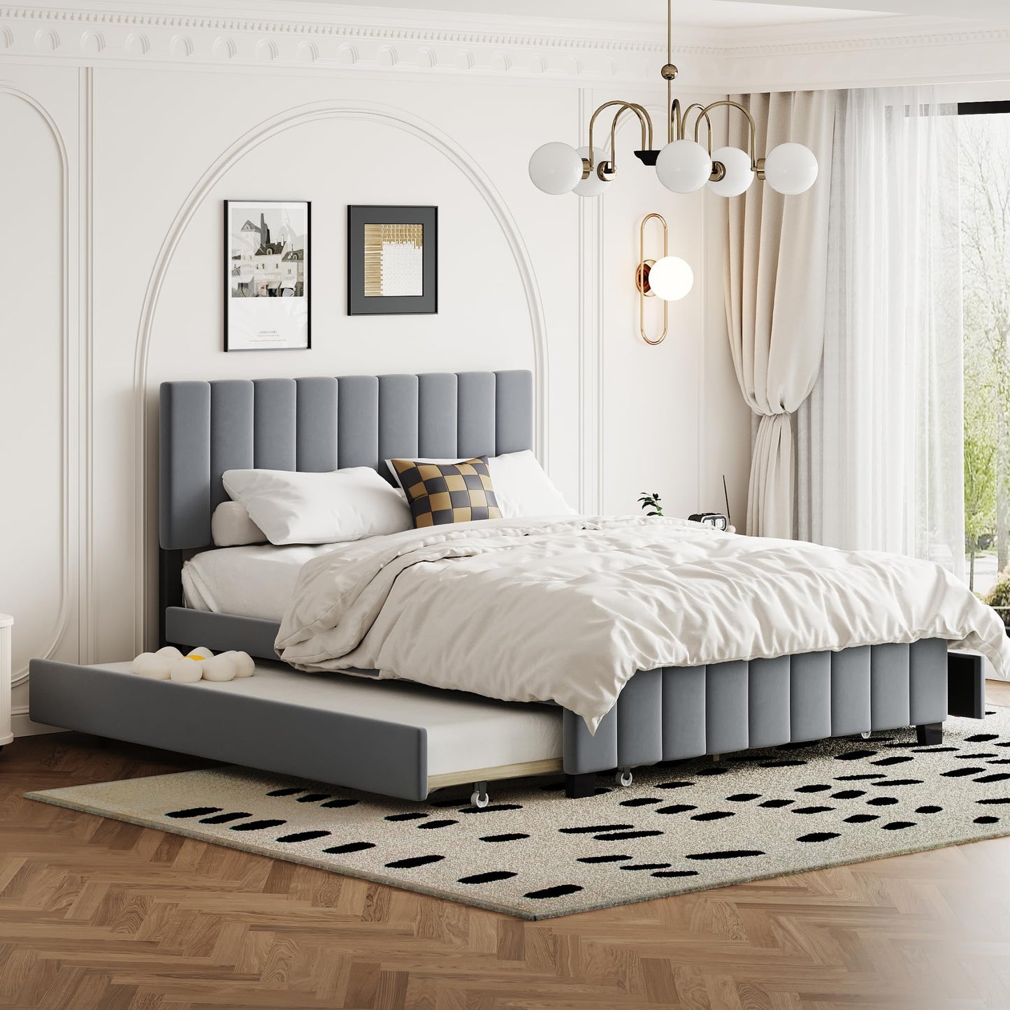 Bellemave Queen Bed Frame with Trundle Bed,Velvet Upholstered Platform Bed Frame with Storage Drawers,Queen Size Trundle Bed with Headboard for Kids Teens Adults,Gray