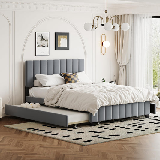 Bellemave Queen Bed Frame with Trundle Bed,Velvet Upholstered Platform Bed Frame with Storage Drawers,Queen Size Trundle Bed with Headboard for Kids Teens Adults,Gray