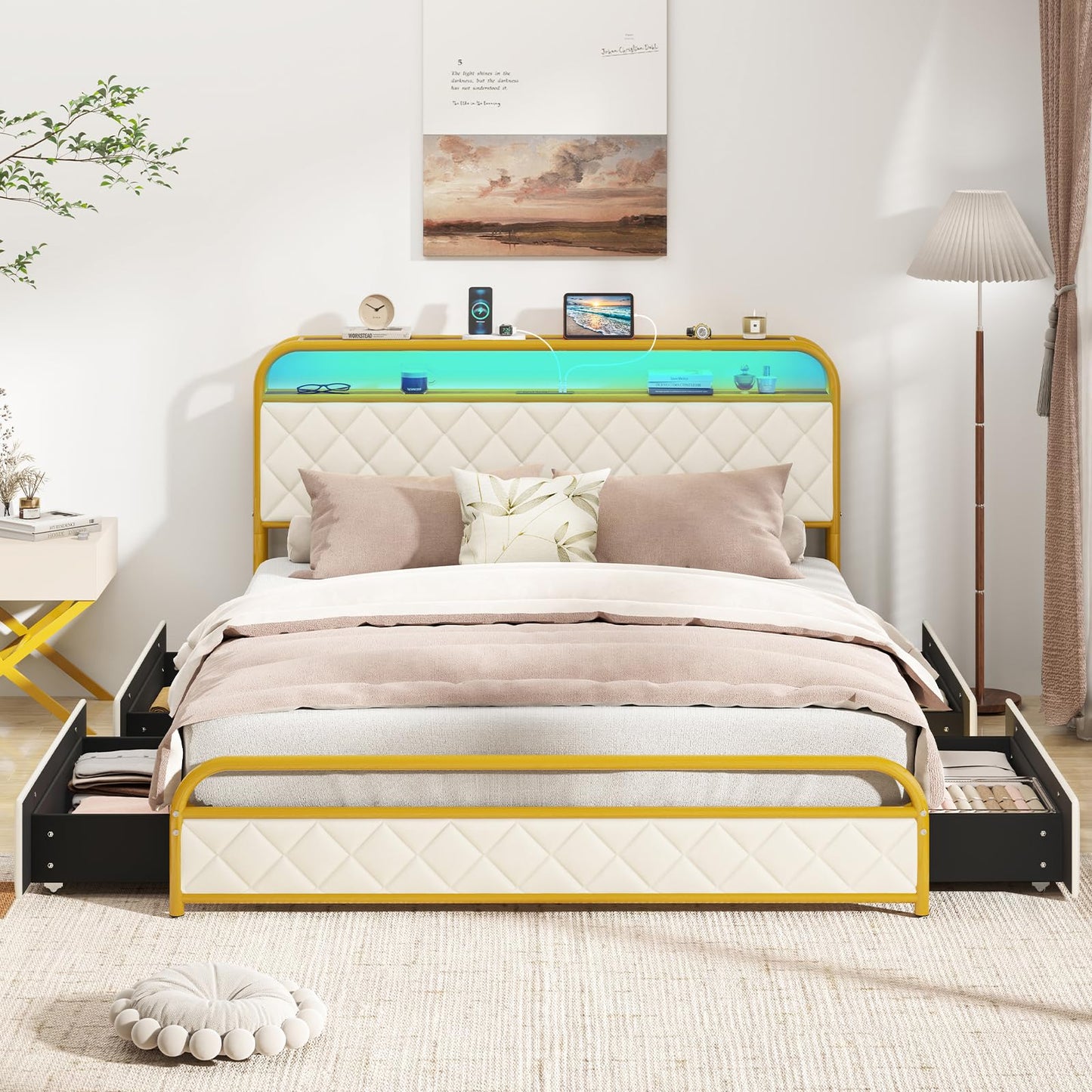 Giantex Queen Bed Frame with 4 Storage Drawers and Charging Station, Queen Size Platform Bed w/LED Lights & Linen Upholstered Headboard, No Box Spring Needed, Metal Queen Storage Bed, Gold & Beige