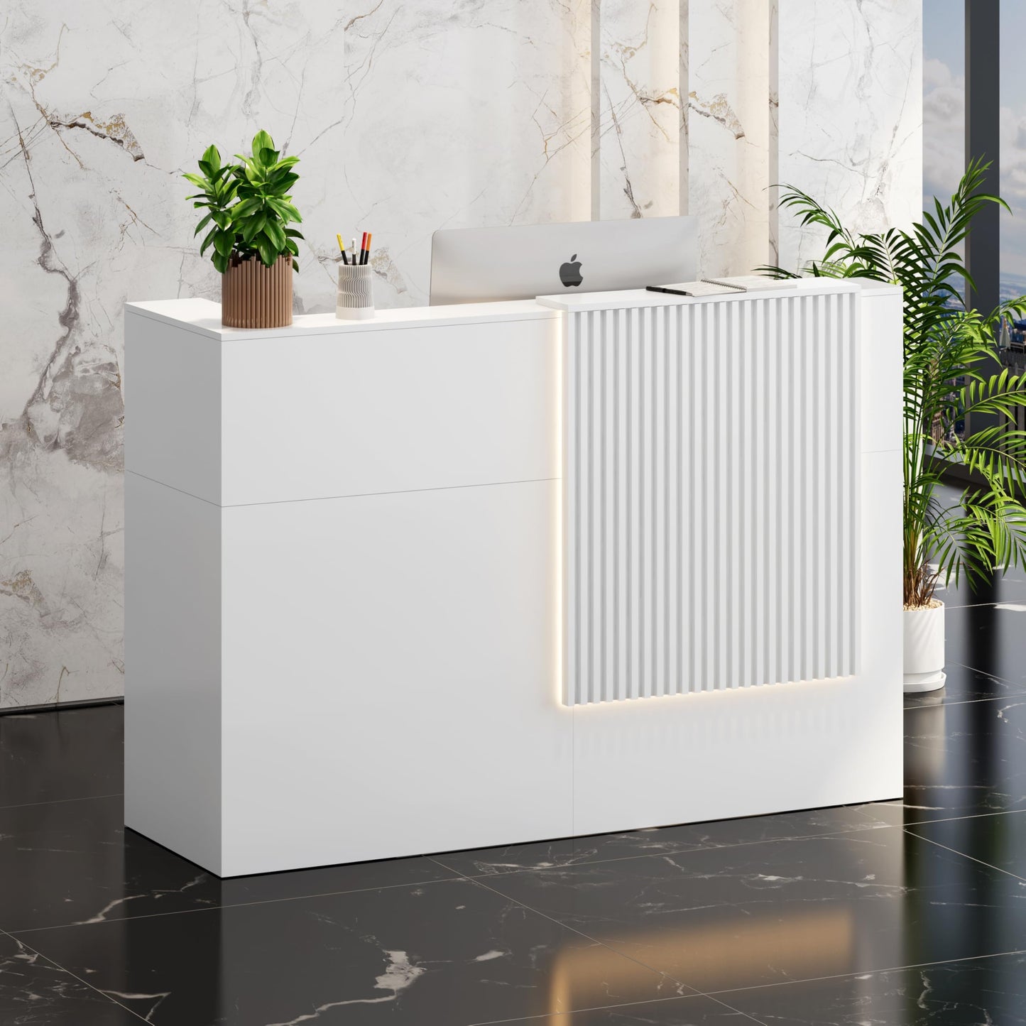 Reception Desk with Counter, Small Front Desk Reception Counter Lockable Drawer, Grille Design Wooden Modern Reception Table for Salon Lobby Office Home Supermarket (White-1)