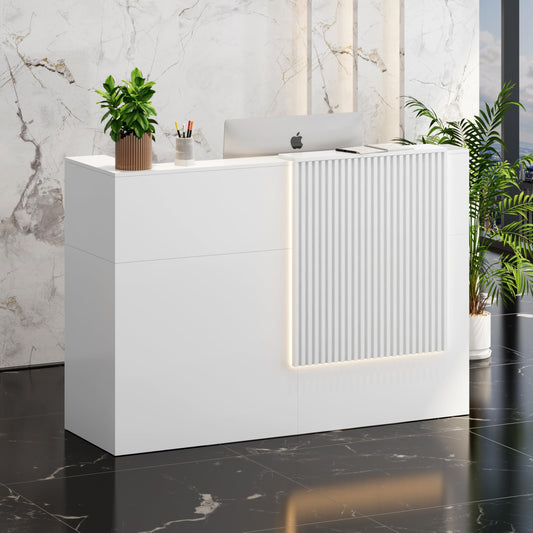 Reception Desk with Counter, Small Front Desk Reception Counter Lockable Drawer, Grille Design Wooden Modern Reception Table for Salon Lobby Office Home Supermarket (White-1)