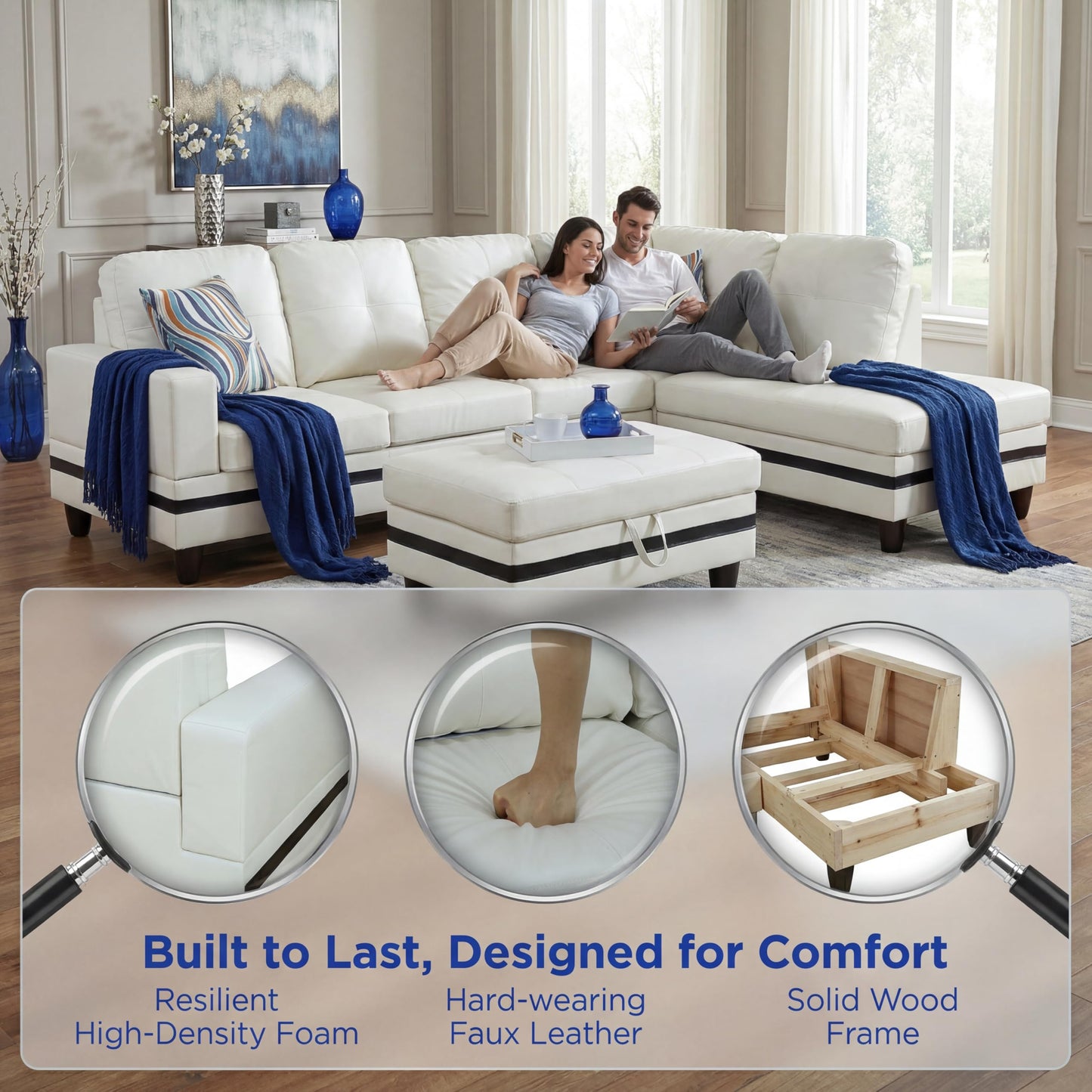 Topcomfy Leather L Shaped Sectional Couches for Living Room - 97.5“ x 66.5" Modular Sectional Sofa with Storage Ottoman, 4 Seat Home Sofa Living Room Furniture Sets with Chaise for Apartment, White