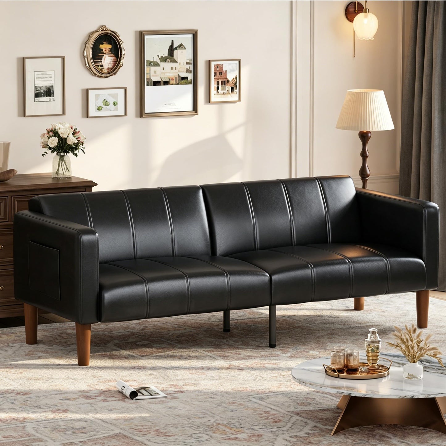 GarveeHome Futon Sofa Bed, 75-Inch Modern Faux Leather Convertible Couch, Mid-Century Loveseat for Small Space, Living Room, Bedroom, Black