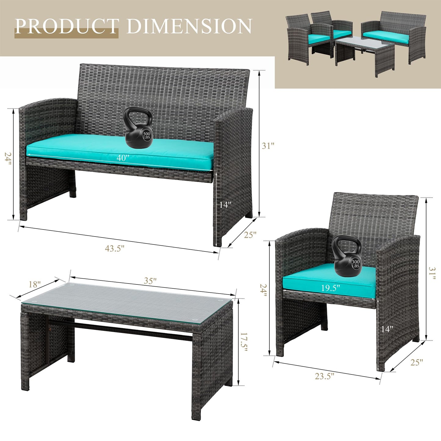 JAMFLY 4 Piece Outdoor Patio Furniture Set, Outdoor Wicker Rattan Chairs Conversation Sets with Cushions & Coffee Table for Outside, Garden, Balcony, Porch, Blue