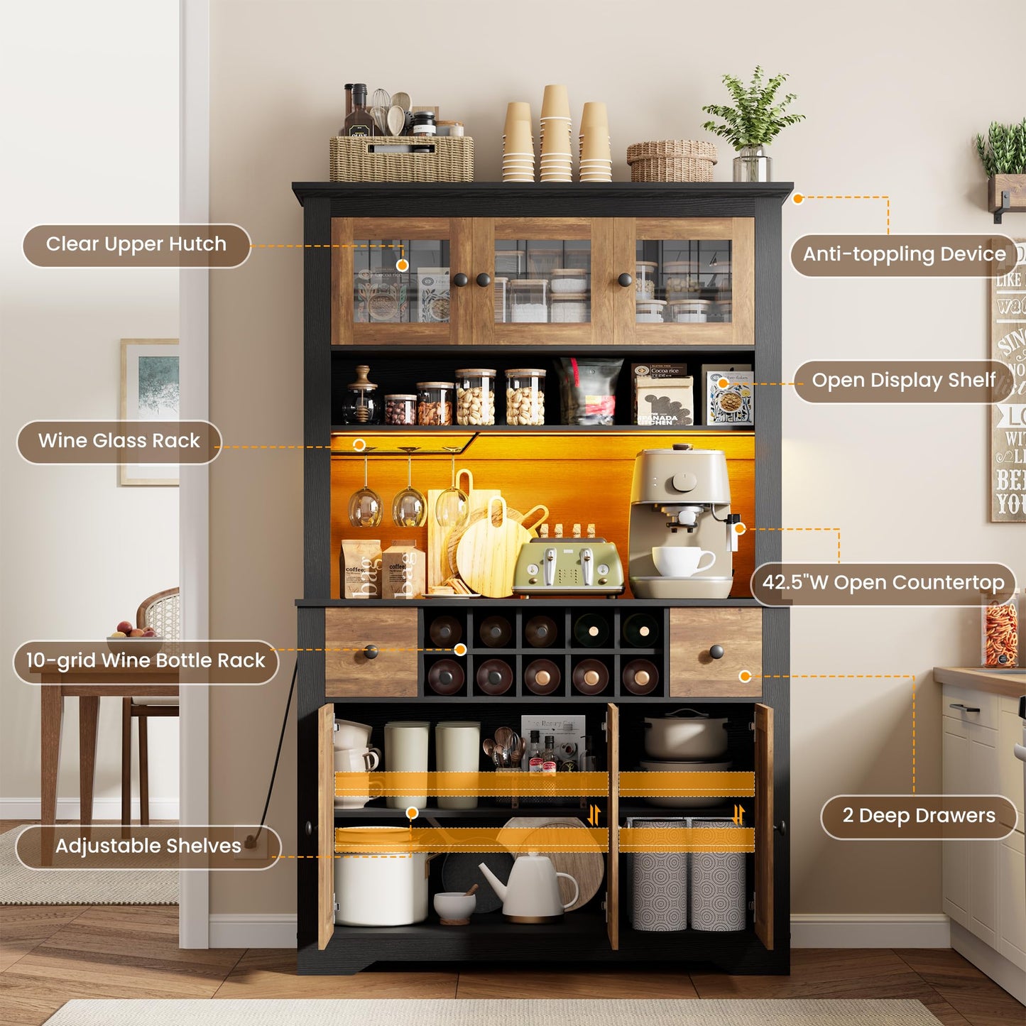 68.7 " Pantry Cabinet with LED Light and Charging Station, Kitchen Pantry Storage Cabinet with Countertop, Large Kitchen Hutch with Wine Rack & Adjustable Shelves for Dining Room, Living Room