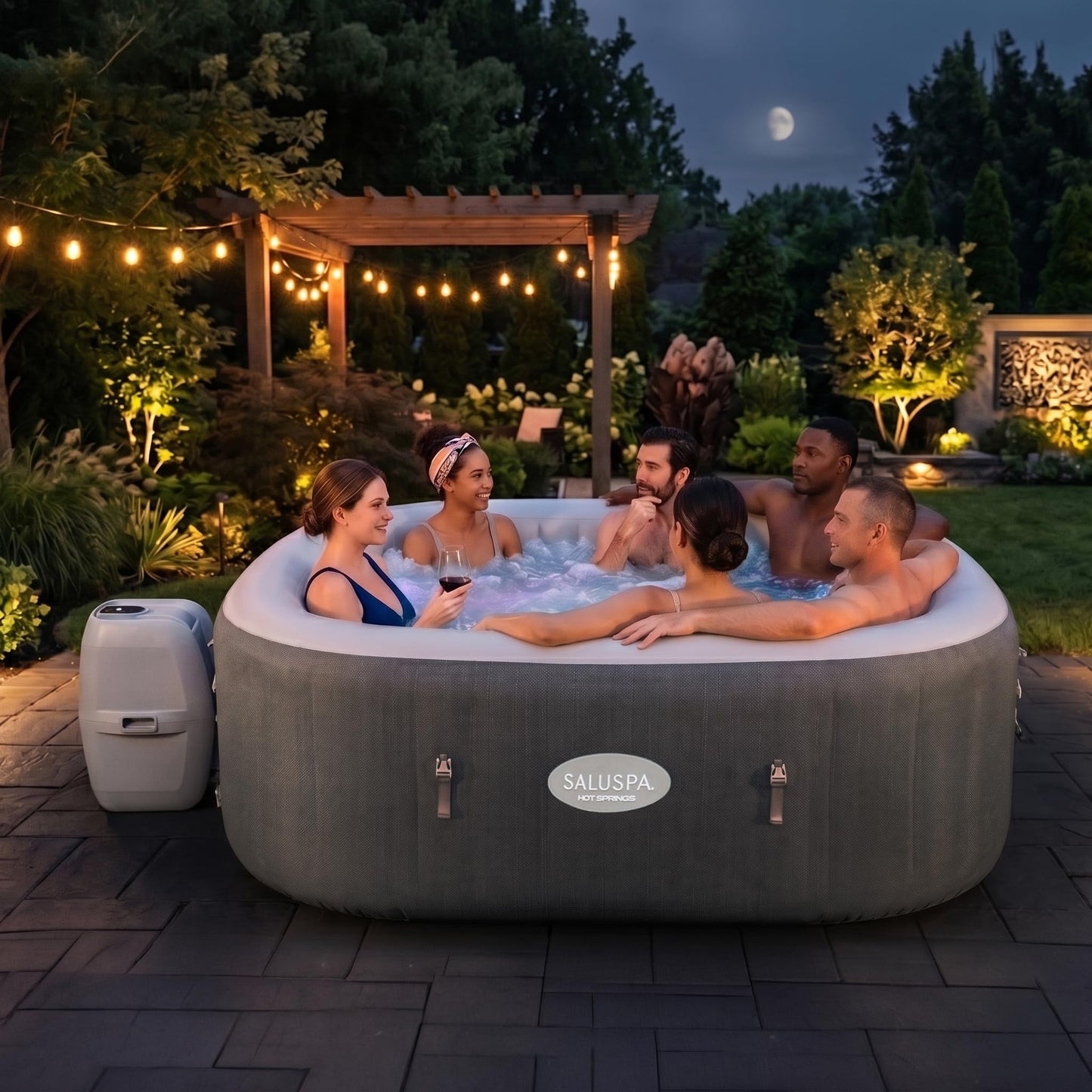 Bestway SaluSpa Hot Springs Inflatable Hot Tub, 4-6 Adults, 140 AirJets, EnergySense Walls & Cover, Smart WiFi App & Spa Control Panel, MaxHold Construction, Stone Grey Knit, 71" x 71" x 28" Square