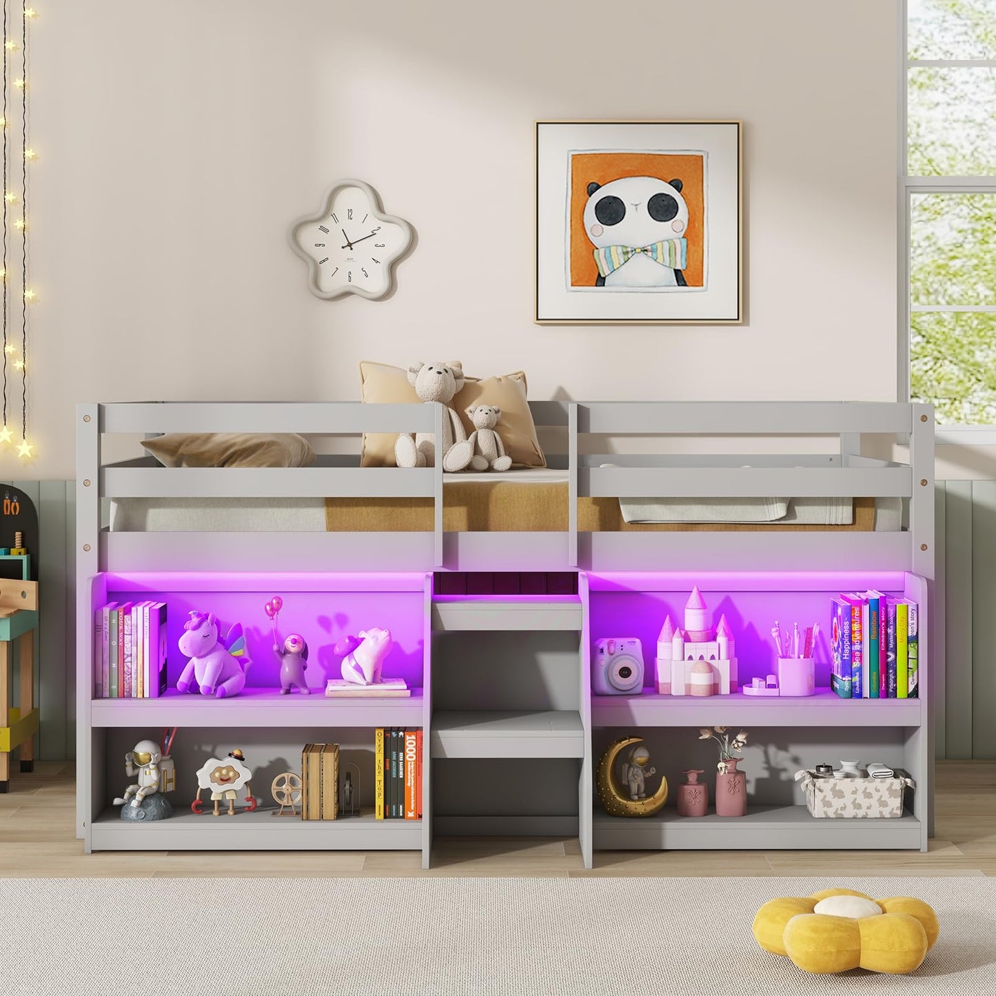 Giantex Twin Loft Bed with LED Lights, Wooden Loft Bed Twin Size with Stairs & Safety Guardrail, Low Loft Bed for Kids with Storage Bookcase and Under-Bed Play Space, Grey