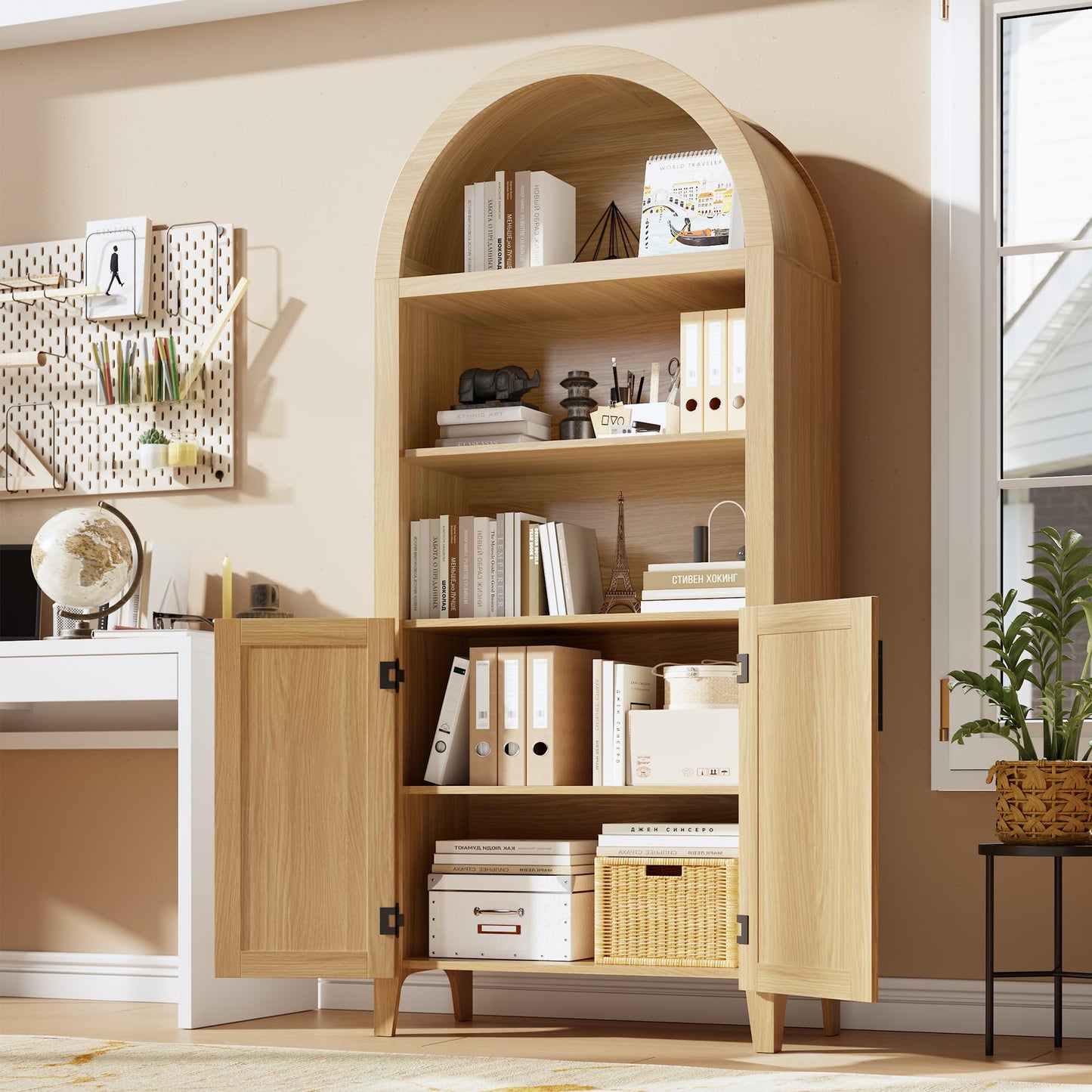 IDEALHOUSE Arched Kitchen Pantry Cabinet with Doors, 5-Tier Wooden Display Cabinet with Adjustable Shelf, Farmhouse Storage Organizer for Kitchen, Dining Room, Living Room, Home Office, Natural
