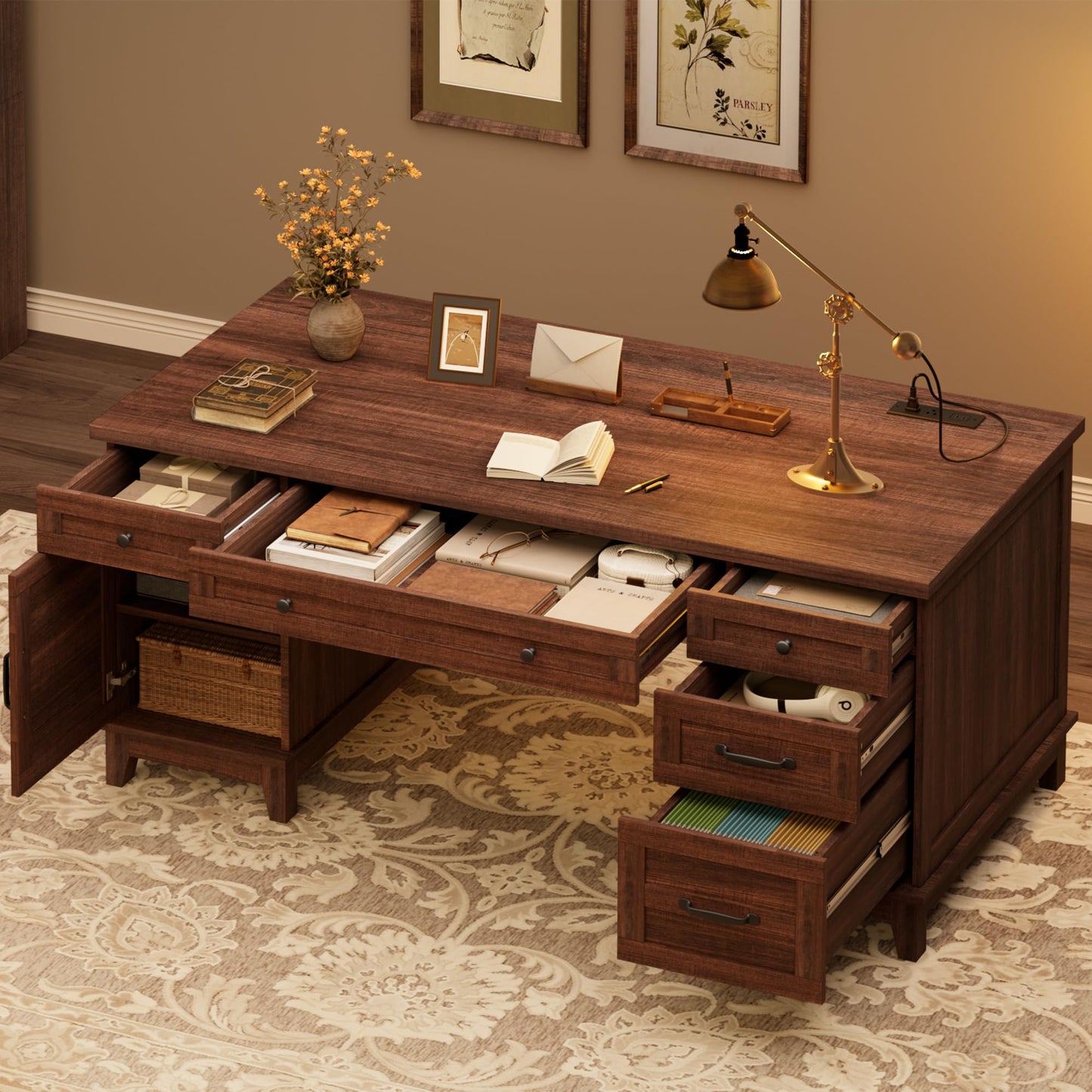 GAOMON 60in Wooden Executive Desk with 5 Drawers, Office Desk Computer Table with Charging Station, Farmhouse Home Office Desk with File Cabinet Storage, for Study and Home Office, Walunt Brown