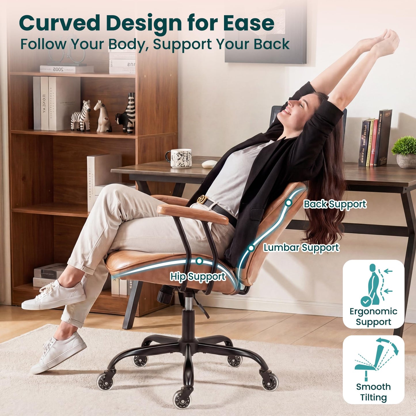 NEO Chair Ergonomic Leather Office Desk Chair with Fixed Armrests Mid Back Lumbar Support Swivel Executive Computer Chair with Wheels Comfy Home Office Chair for Adults (Brown)