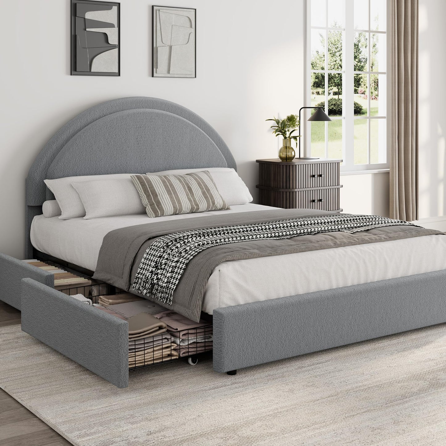 Garvee Queen Size Bed Frame with Storage Drawers, Upholstered Boucle Platform Bed with Round Headboard, Heavy Duty & Noise Free, No Box Spring Needed, Grey