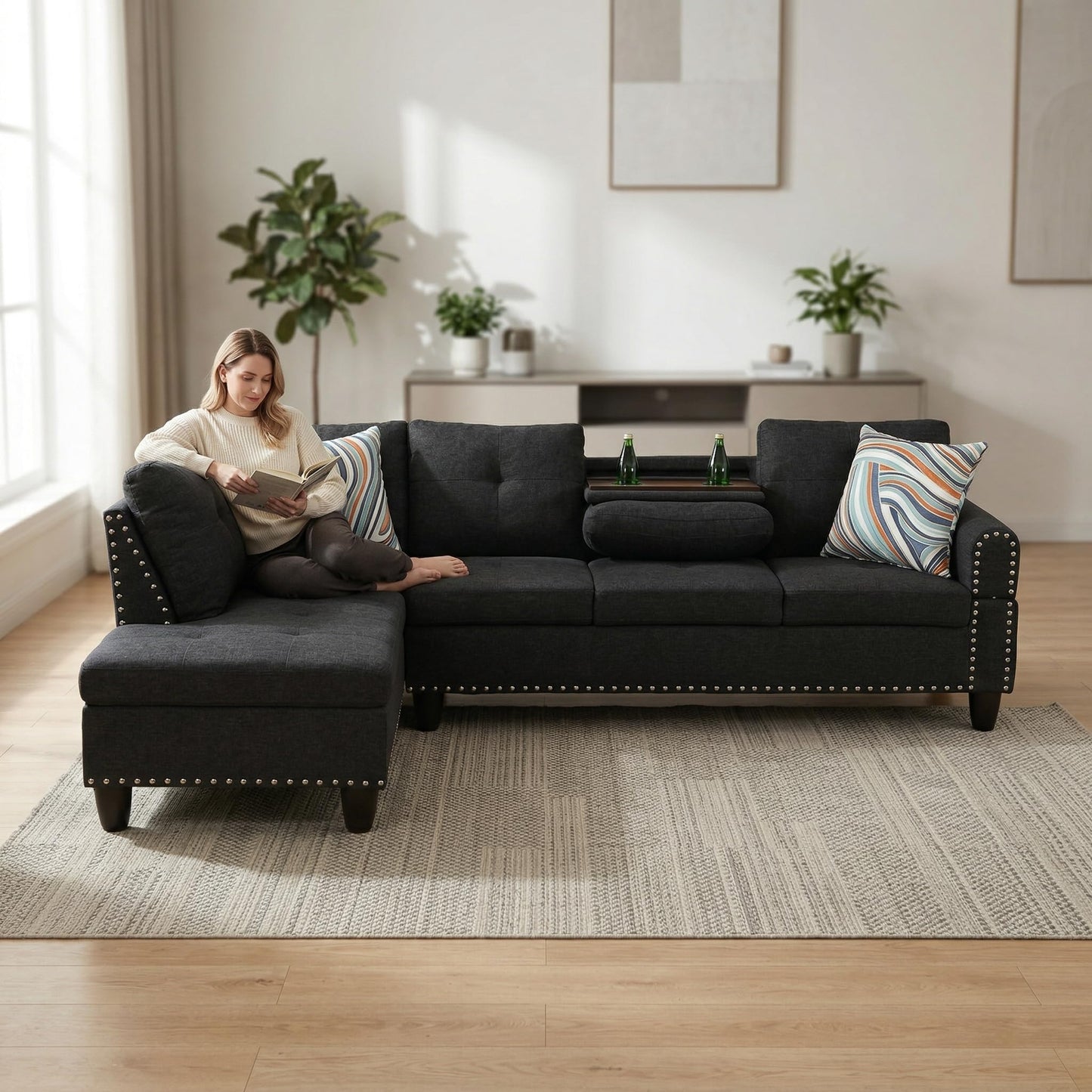 Trygoal L-Shaped Sectional Sofa, Modern 4-Seat Couch with Built-in Cup Holders, Upholstered Fabric Sectional Couch with Left Facing Chaise for Living Room, Apartment, Office, Black Gray