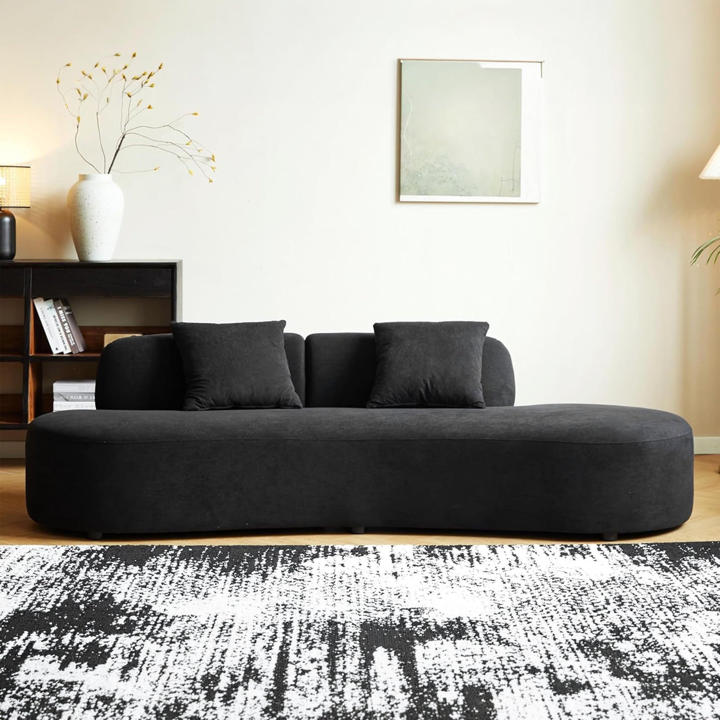 Container Furniture Direct 90" Curved Sofa with Throw Pillows, 4 Seater Luxury Velvet Couch with Half Moon Design and High-Density Foam, Ideal for Modern Living Room, Office & Apartment, Black