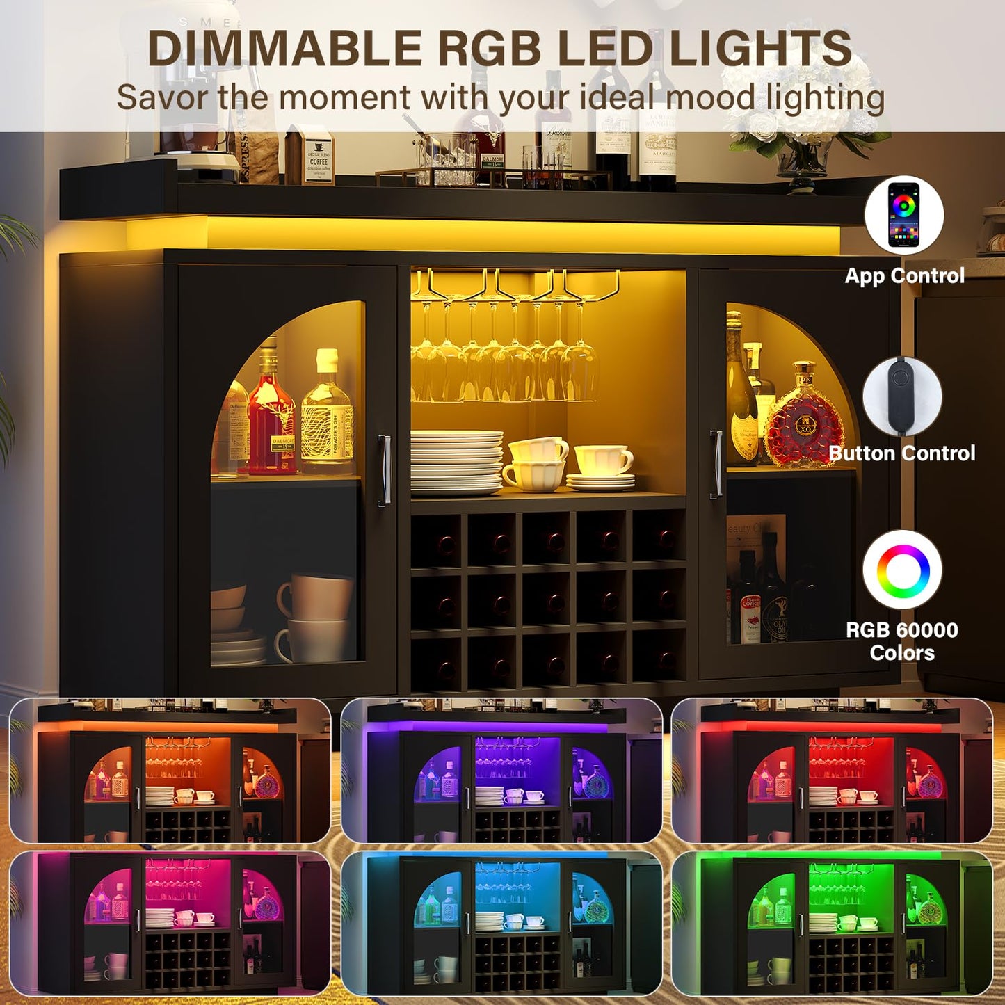 Wine Bar Cabinet with Power Outlet & LED Light, 54'' Liquor Cabinet with 15 Wine Rack & Glass Holder, Coffee Bar Cabinet for Home with Storage, 2 Arched Door, Buffet Sideboard for Living Room, Kitchen