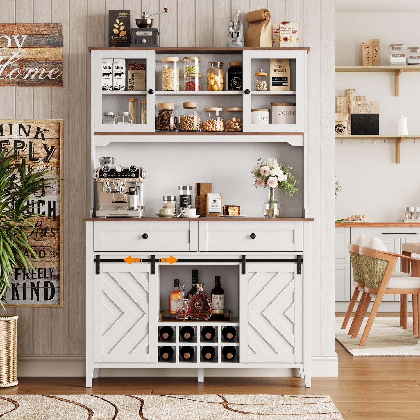 Garvee 72" Farmhosue Bar Cabinet with Sliding Barn Door, Large Kitchen Buffet with Hutch Wine with Charging Station, 2 Drawers, 8 Storage Shelves, LED Rustic Coffee Bar for Dining (White)
