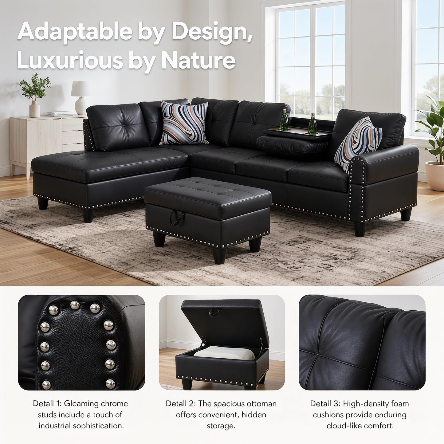Trygoal 97.5" L-Shaped Modular Sectional Sofa with Movable Chaise & Storage Ottoman, 3 Piece Convertible Leather Couch, 4 Seat Gloss Black Living Room Furniture Set for Apartment Home Office