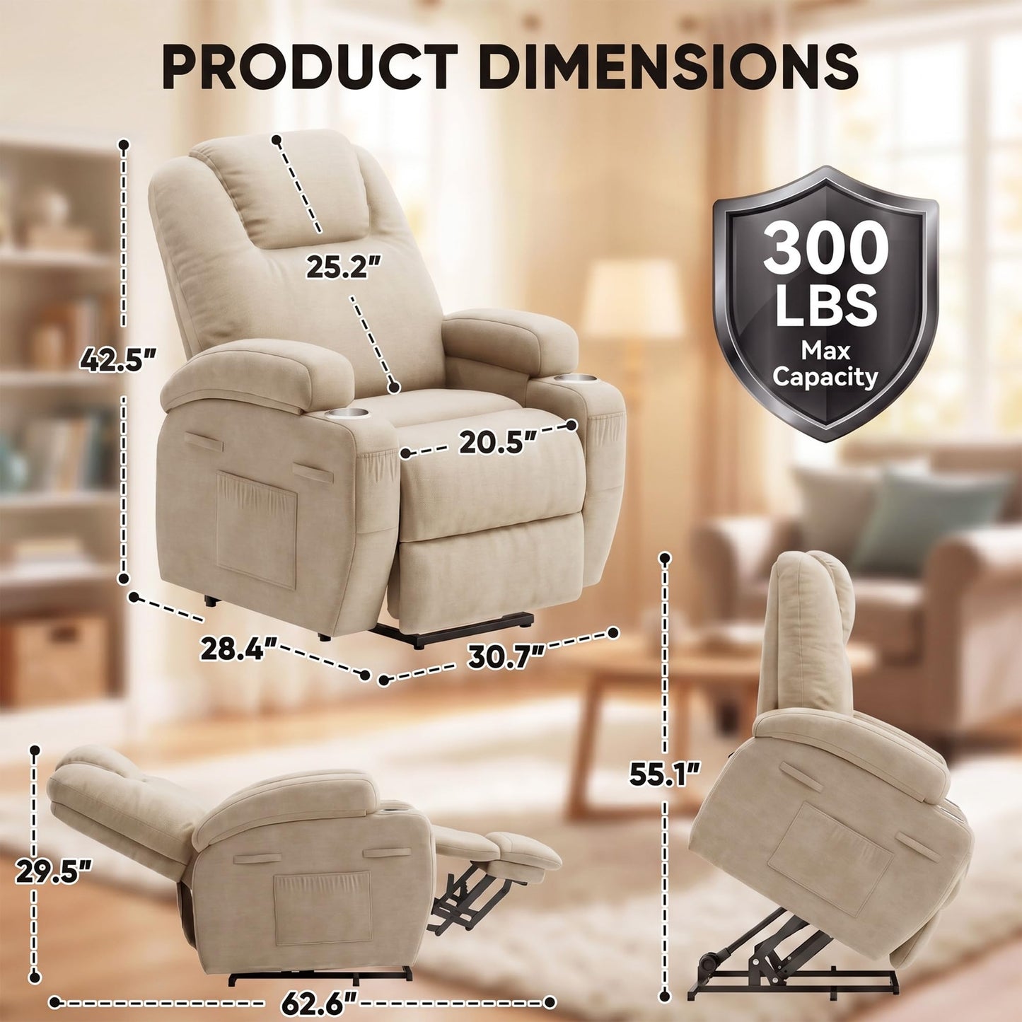 Flamaker Power Lift Chair Massage Recliner Chairs for Elderly - Ergonomic Design with Cup Holders & Side Pockets, Remote Control (Beige)