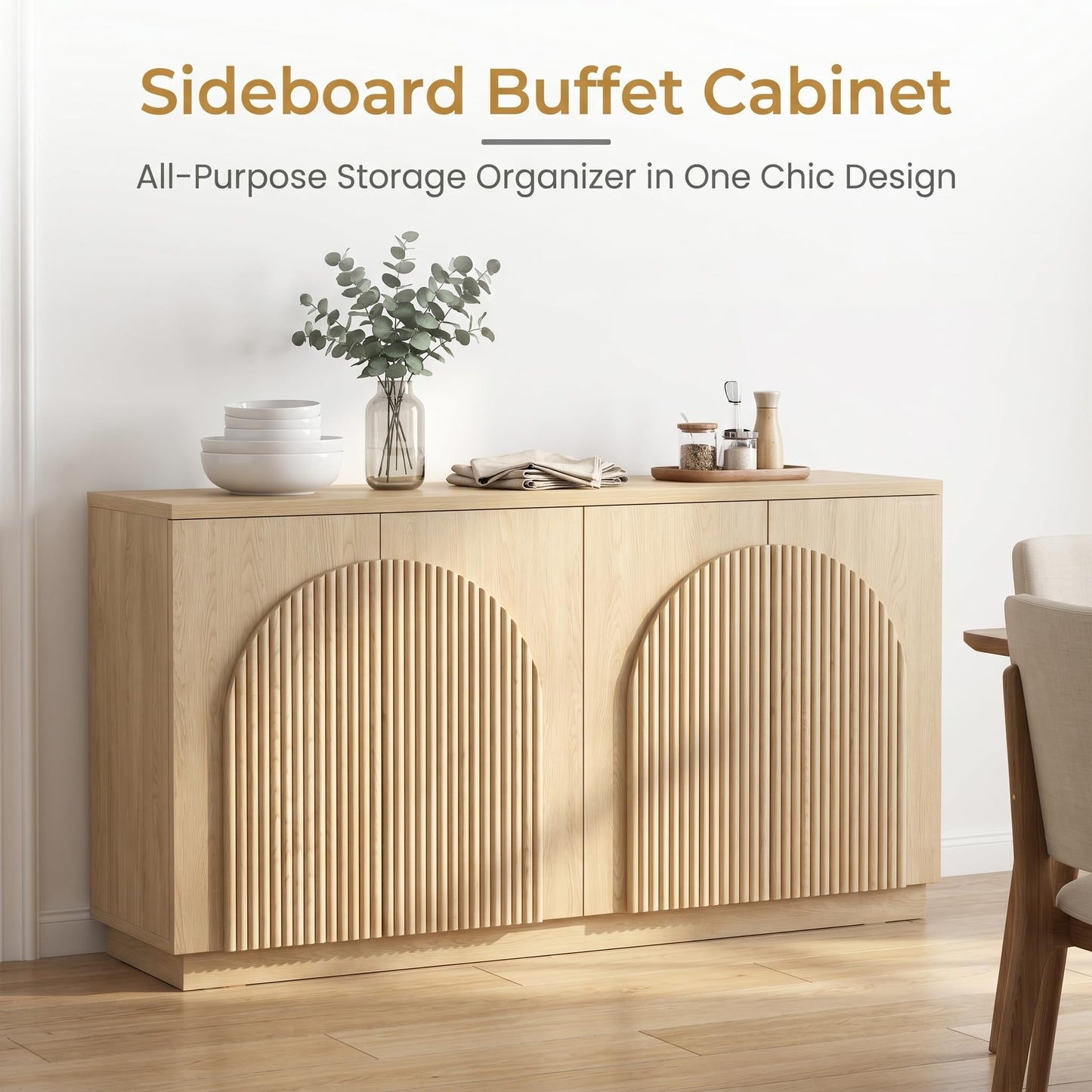 Yechen 55" Fluted Sideboard Buffet Cabinet with Storage, Wood Mid Century Modern Credenza Cabinet w/Arched Reeded Doors & Adjustable Shelves for Kitchen, Living Room, Entryway, Natural