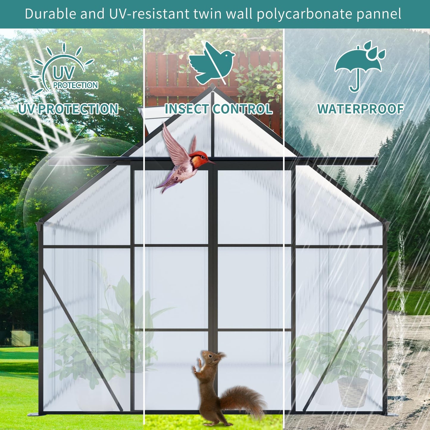 KEIKI 8x6 FT Double Door Upgrade Polycarbonate Greenhouse with Aluminum Frame,Raised Base and Roof Vent,Walk-in Greenhouses for Patio Garden