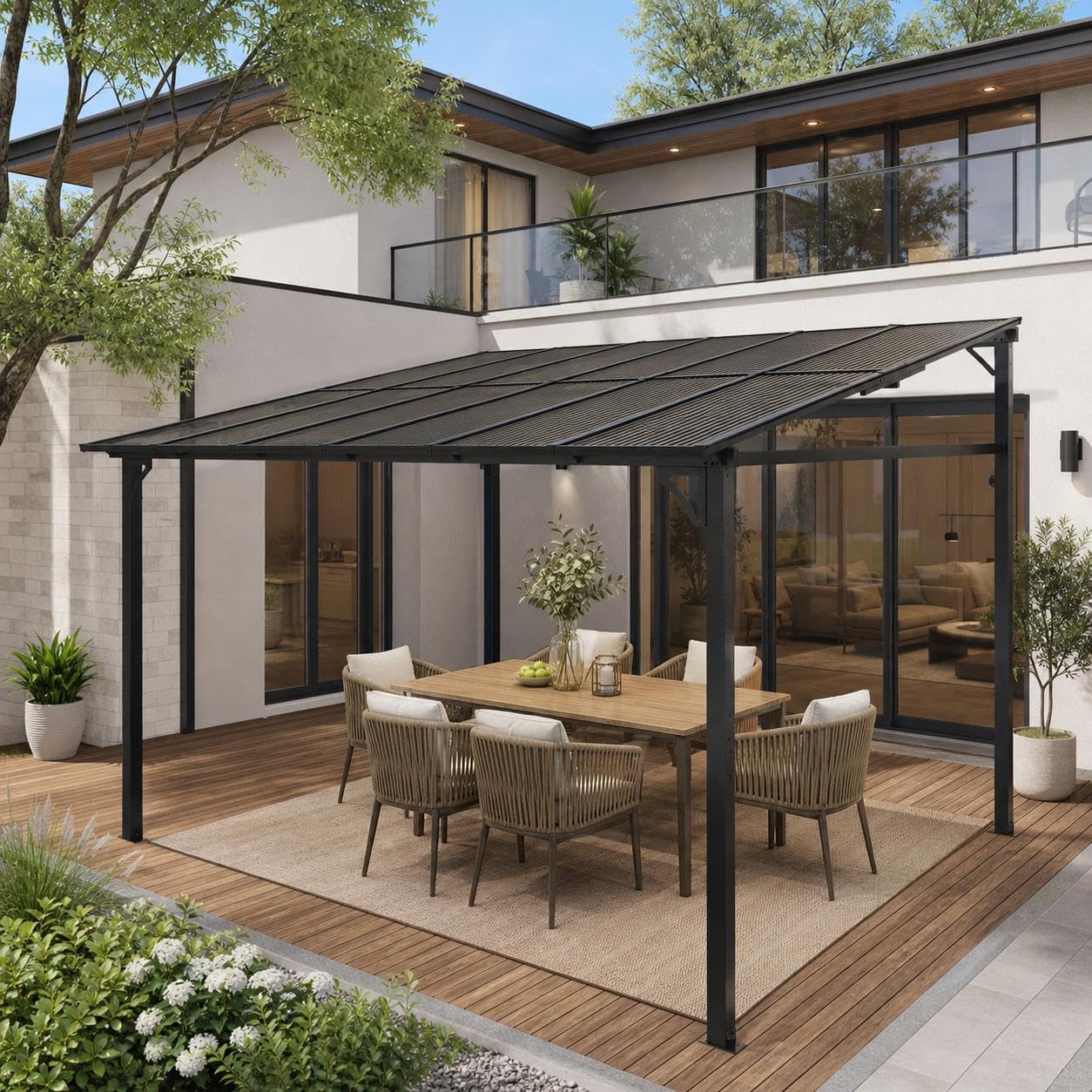 10'X12' Lean to Gazebo, Wall-Attached Hardtop Pergola with Anti-UV Polycarbonate Roof, Aluminum Frame Outdoor Patio Cover for Deck, Yard and Party
