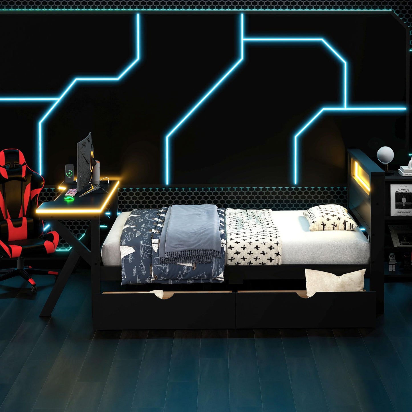 Merax Twin Size Gaming Platform Bed with LED Headboard and LED Desk, Wooden Corner Bed with USB and Two Storage Drawers