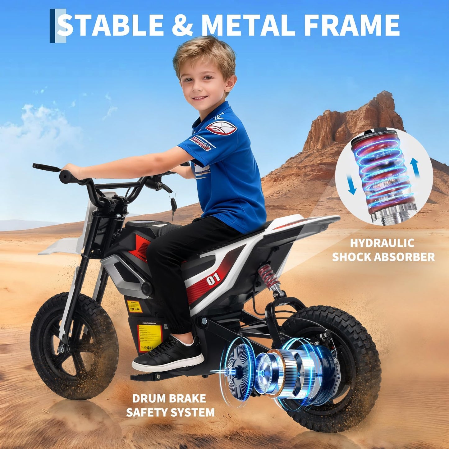 Garvee 24V Kids Electric Dirt Bike - 350w Kids Motorcycle, 13.67 Mph Max Speed Electric Bike for Kid, Rear Wheel Suspension, 12 Miles Range, Twist Grip Throttle, Rubber Tire, White