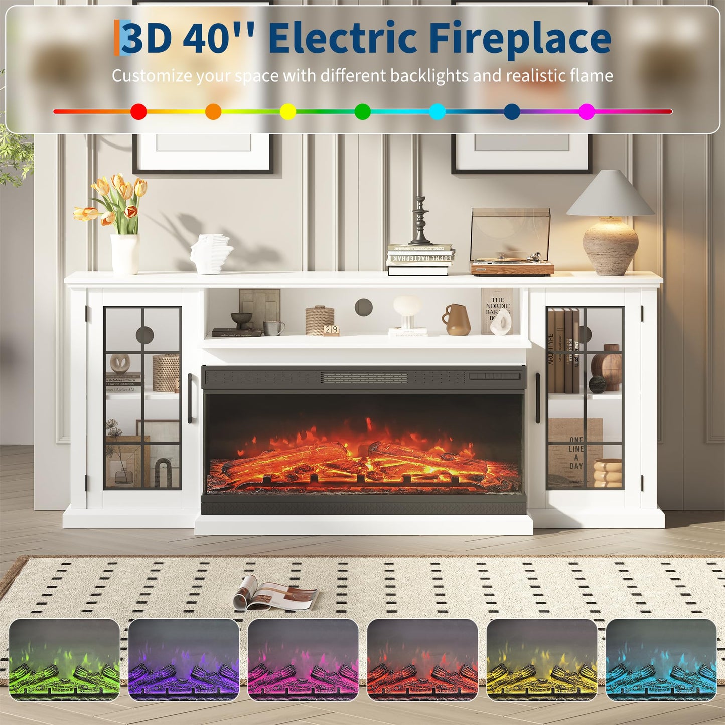 Fireplace TV Stand, 75'' TV Stand with 40" Fireplace, Electric Fireplace Heater, Entertainment Center with Frame and LED Light Colors, TV Console Cabinet