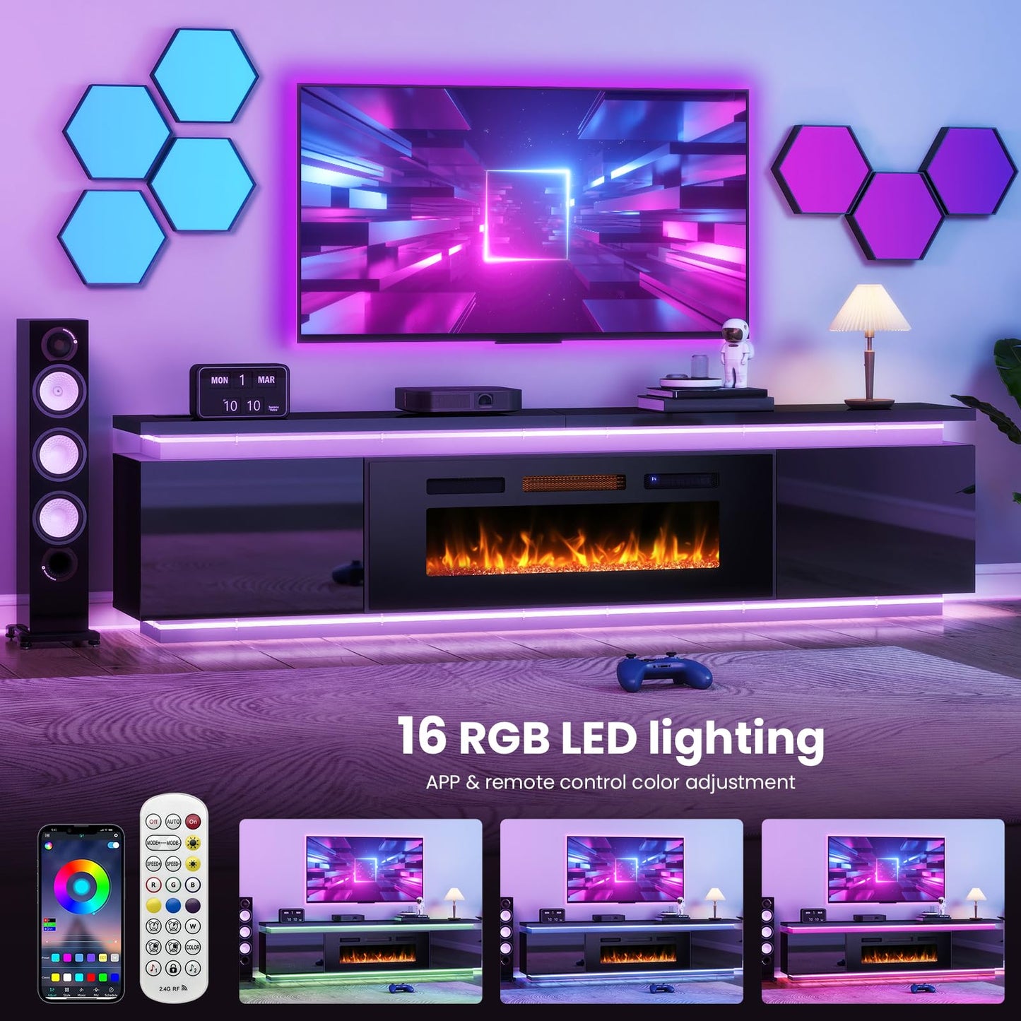 Lamtor Fireplace TV-Stand with 40" Fireplace - 2 LED Light TV-Stand for 90 95 inch TVs - Entertainment Center with 4 AC Power Outlets - 2 Tier TV Consoles Stand for Living Room, Black