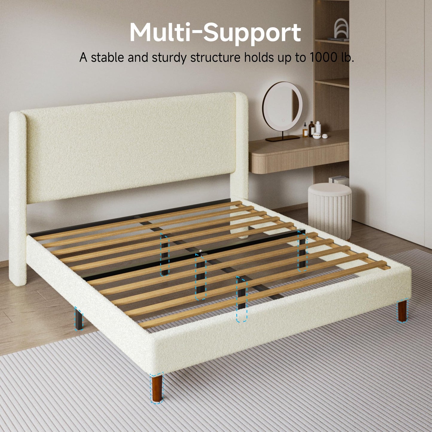 Mxhtcewz Queen Boucle Bed Frame, Platform Bed with Upholstered Wingback Headboard, Strong Wooden Slats Support, Noise-Free, Easy Assembly, No Box Spring Needed, Beige